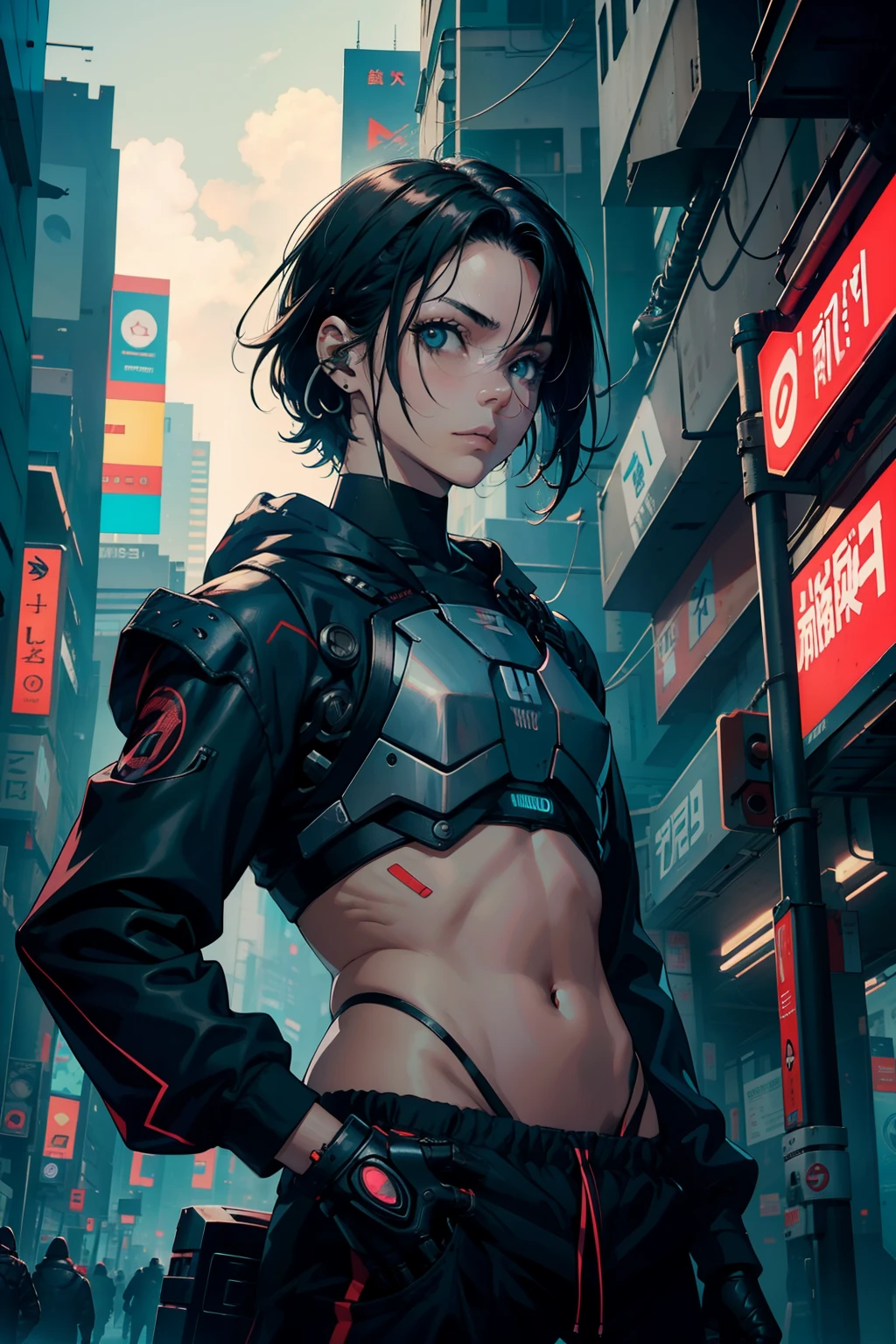 Uma imagem de um Homem cyberpunk segurando um metralhadora Katana, uma foto do corpo inteiro, ele possue partes roboticas e um cabelo cacheado marrom,
