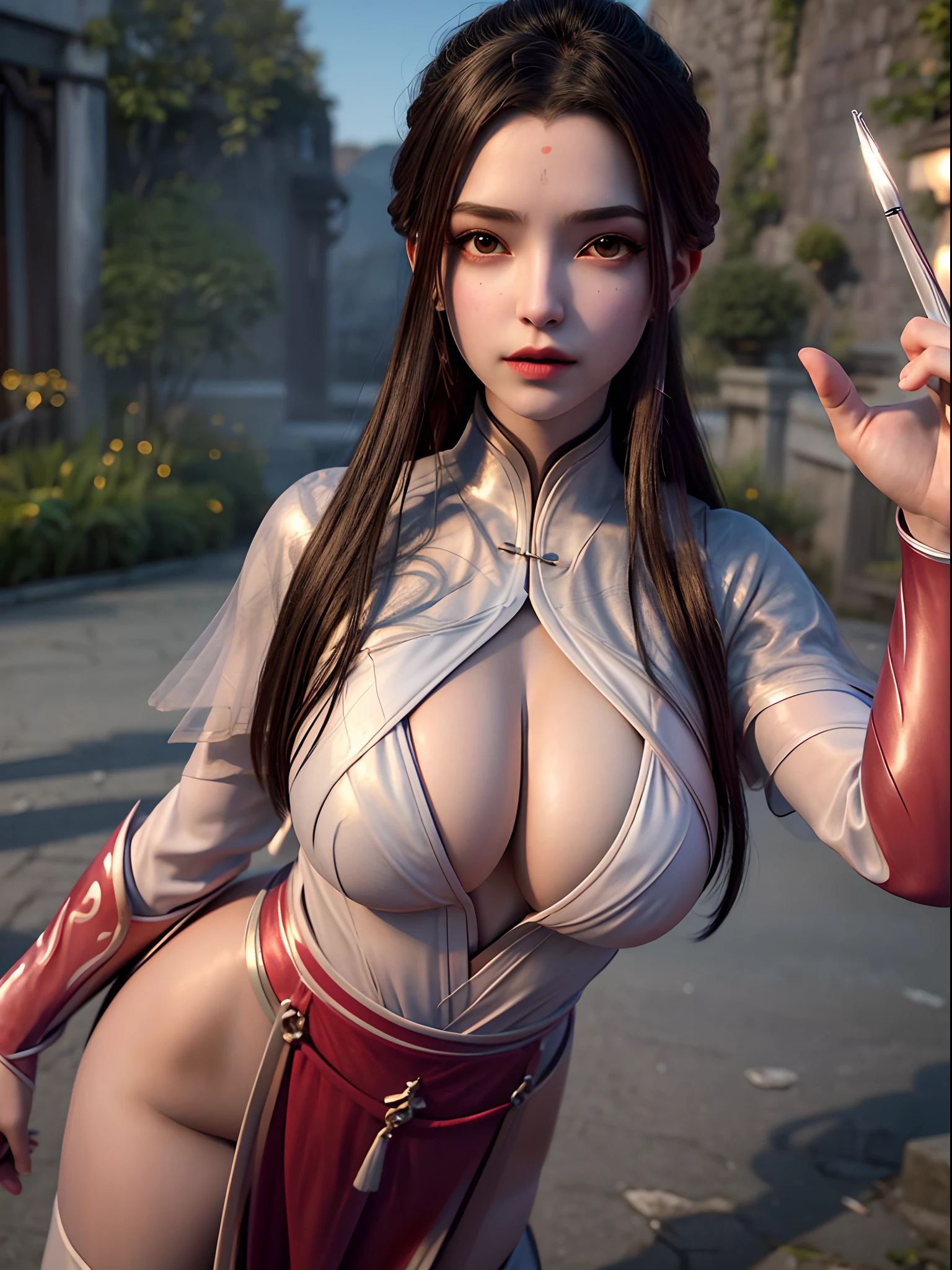 weak light, physically-based rendering, upper body, 1 girl, luxueqi, solo, looking at viewer, very huge breast, breasts out, breasts focus,sexy pose, shinny skins,ultra high res, (photorealistic:1.4), raw photo,16K,dramatic lighting, film grain,black Armor and red robe,black Armor and red robe,a red mole on brow