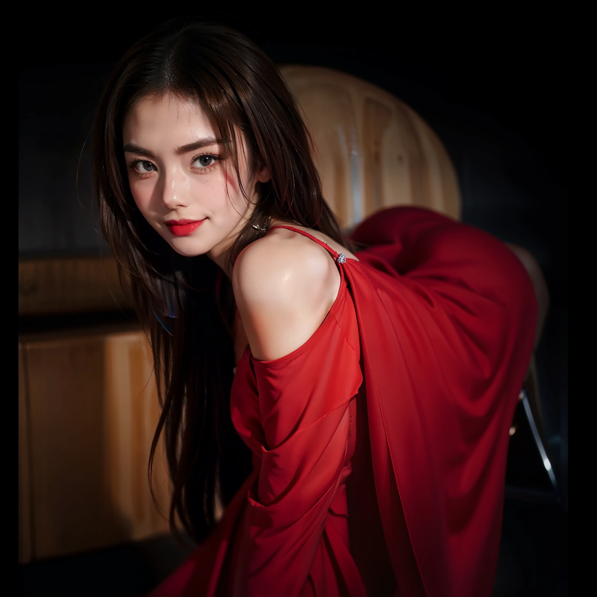 beautiful and sweet girl, cute, Antagonistic woman, fair and smooth skin, evil smile expression, angry eyebrows, wears a red dress and high heels, bright brown hair, wears accessories,