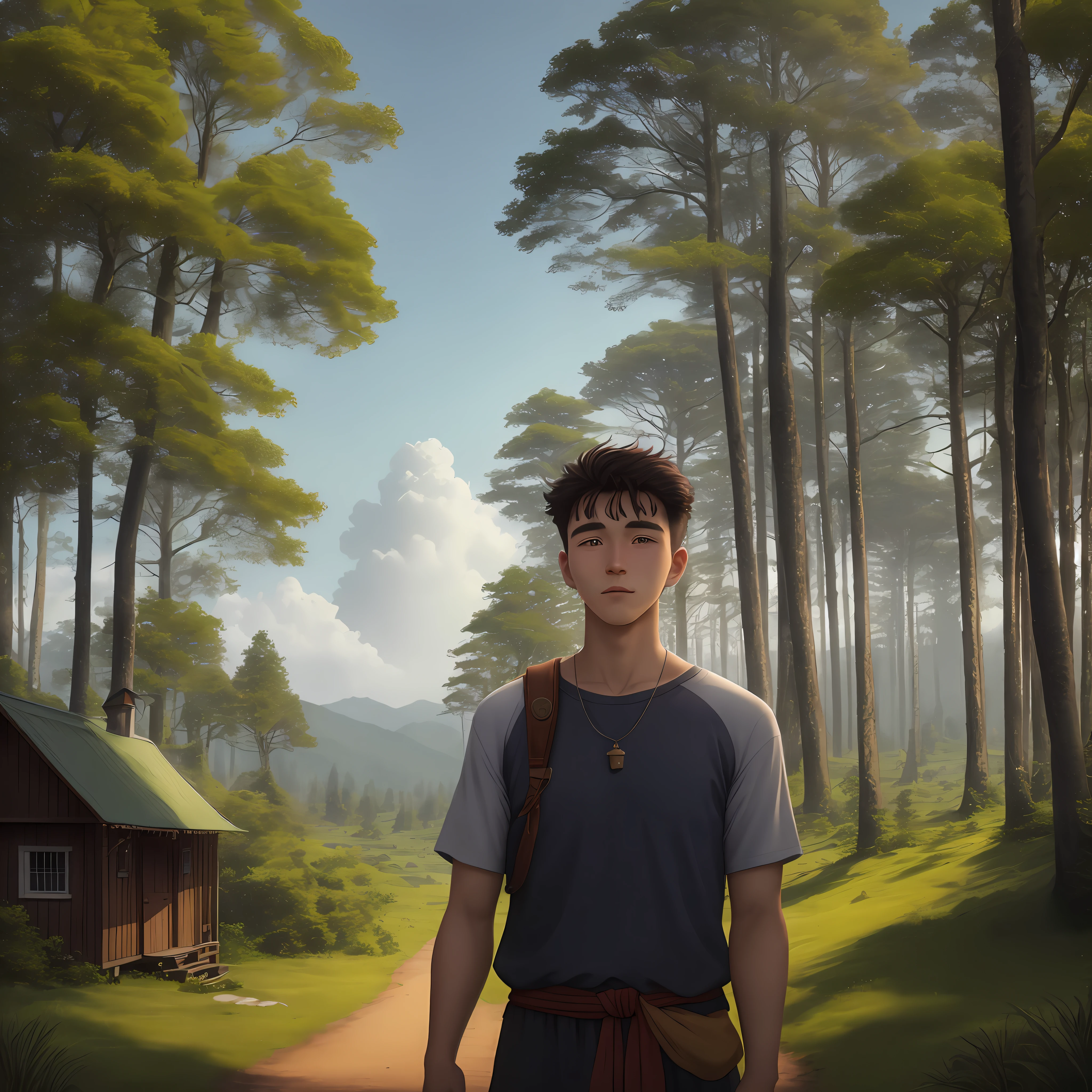 "Saulo, um jovem curioso e destemido, He lived in a small village in the heart of the forest. He had always dreamed of exploring the unknown lands beyond the tall trees that surrounded his home. Um dia, reunindo coragem, ele decidiu iniciar sua jornada
