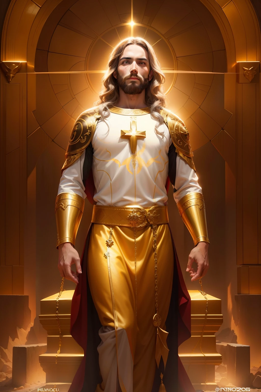 Jesus Cristo com cabelos brancos com aspecto resplandecente como o sol andando no meio de Candeeiros de Ouro puro lindo e dourado. Image with very high lighting quality, Very high resolution image, image with very high coloration, imagem realista, imagem hiperdetalhada