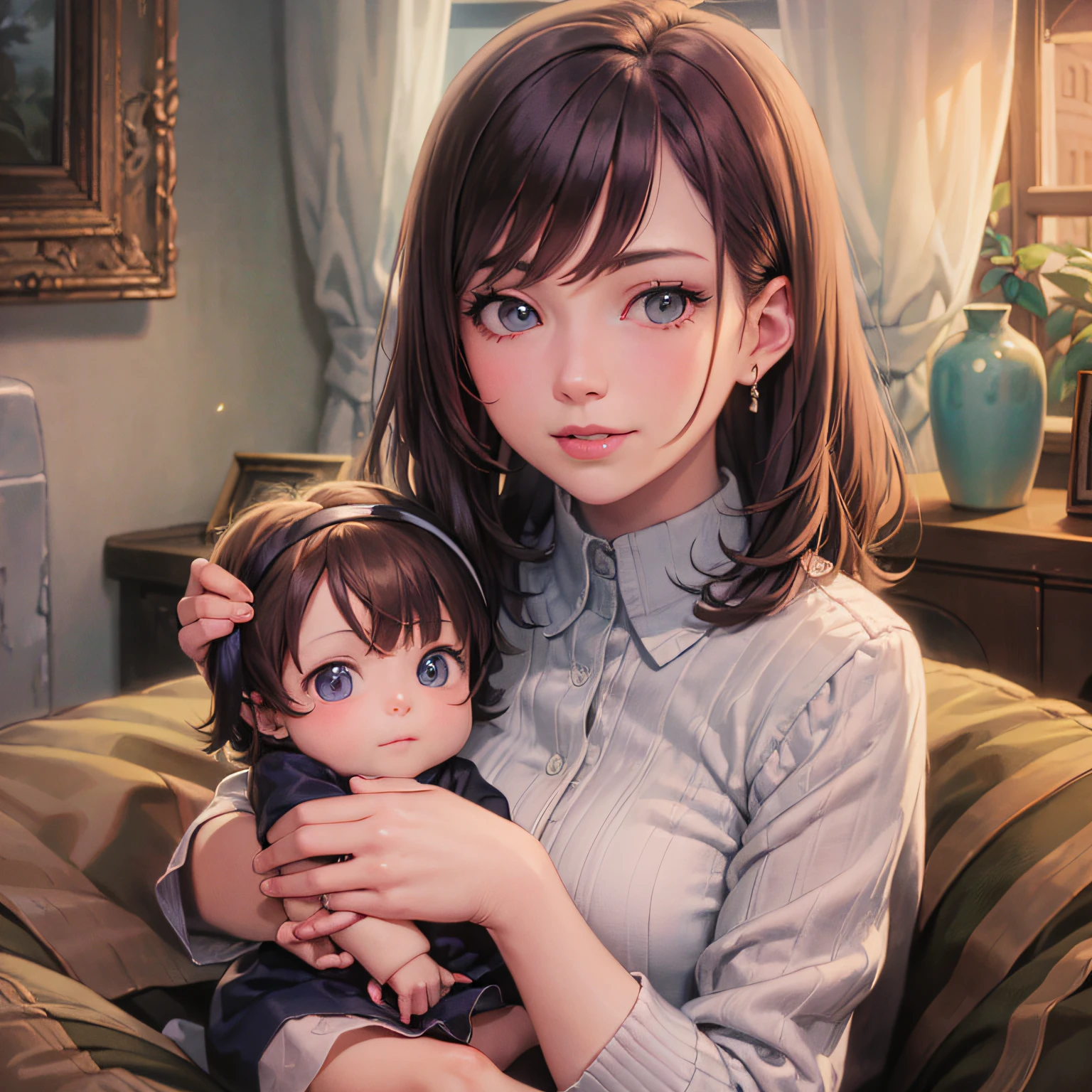 Mom holding cute little girl 8k,k hd,Mom smiled,The little girl was smiling,Eyes are round,incredibly detailed,Sharpen,the detail +superbly fine details+Night of lights+perfectionism+award winning realism((moody light))