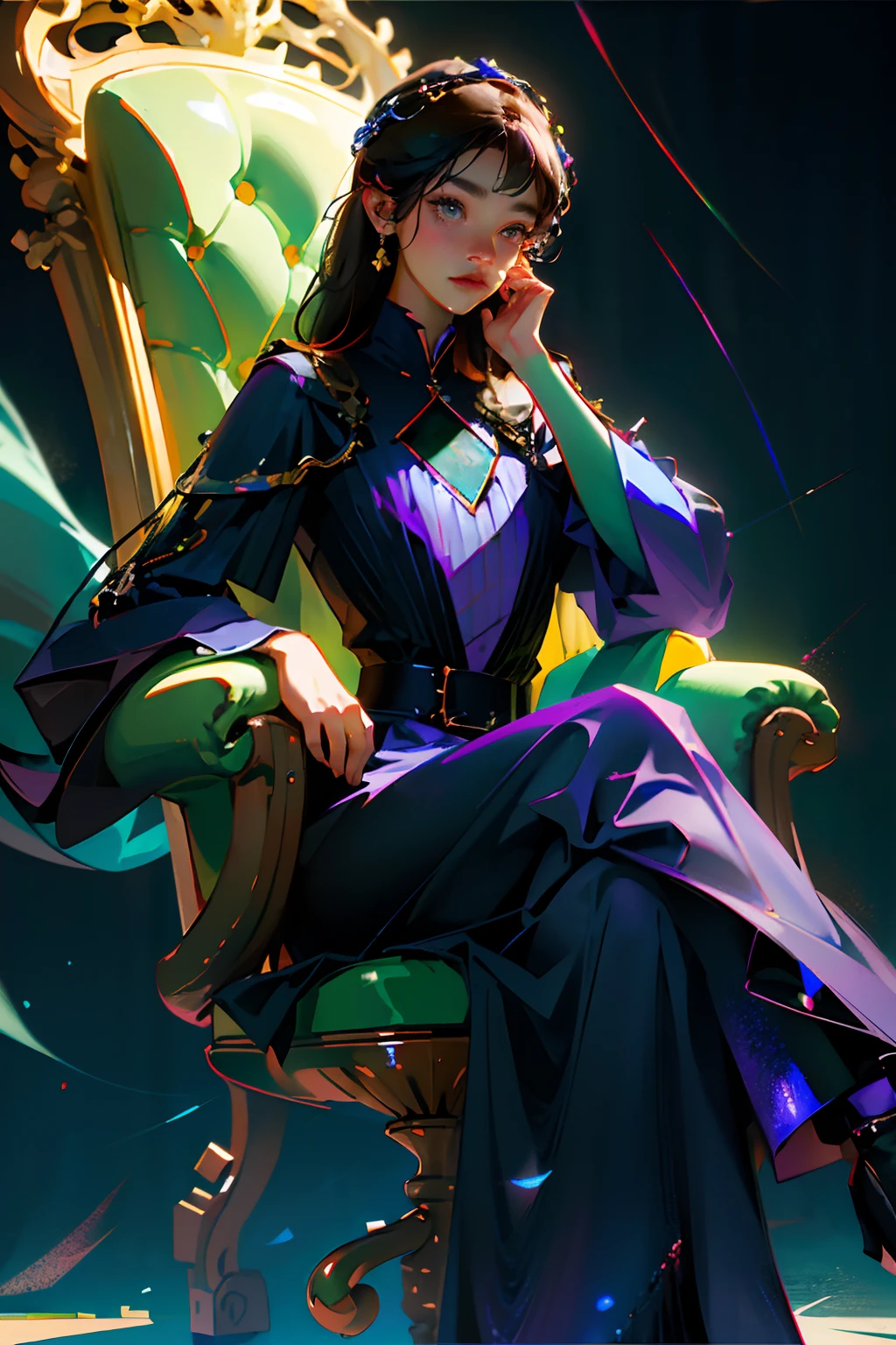 (8k, RAW photo, best quality, masterpiece: 1.2), (realistic, photorealistic: 1.37), ((best quality)), ultra high resolution, extremely detailed 8k CG wallpaper, physics-based rendering, cinematic lighting, full body, (bokeh: 1.4), (((1girl))), (oval face), closed face, girl sitting on a throne, holding a dragon egg in hands, dark aura, black-haired girl, Black eyes, silver light, violet background lights.