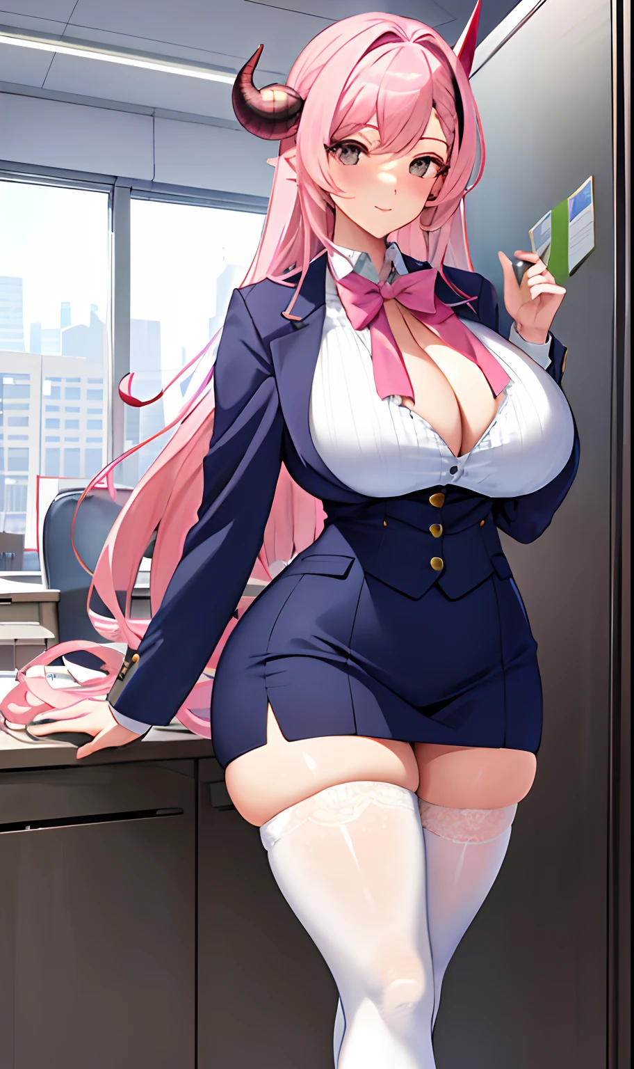 ((tmasterpiece,Need)),(1girl),((A MILF)),Light pink hair,big-areola,horn,((office lady)),By bangs,middlebreast,(plumw),slim,ssmile,The  is exposed，Exposed breasts[Wide hips],office,standing, aru \(blue archive\),