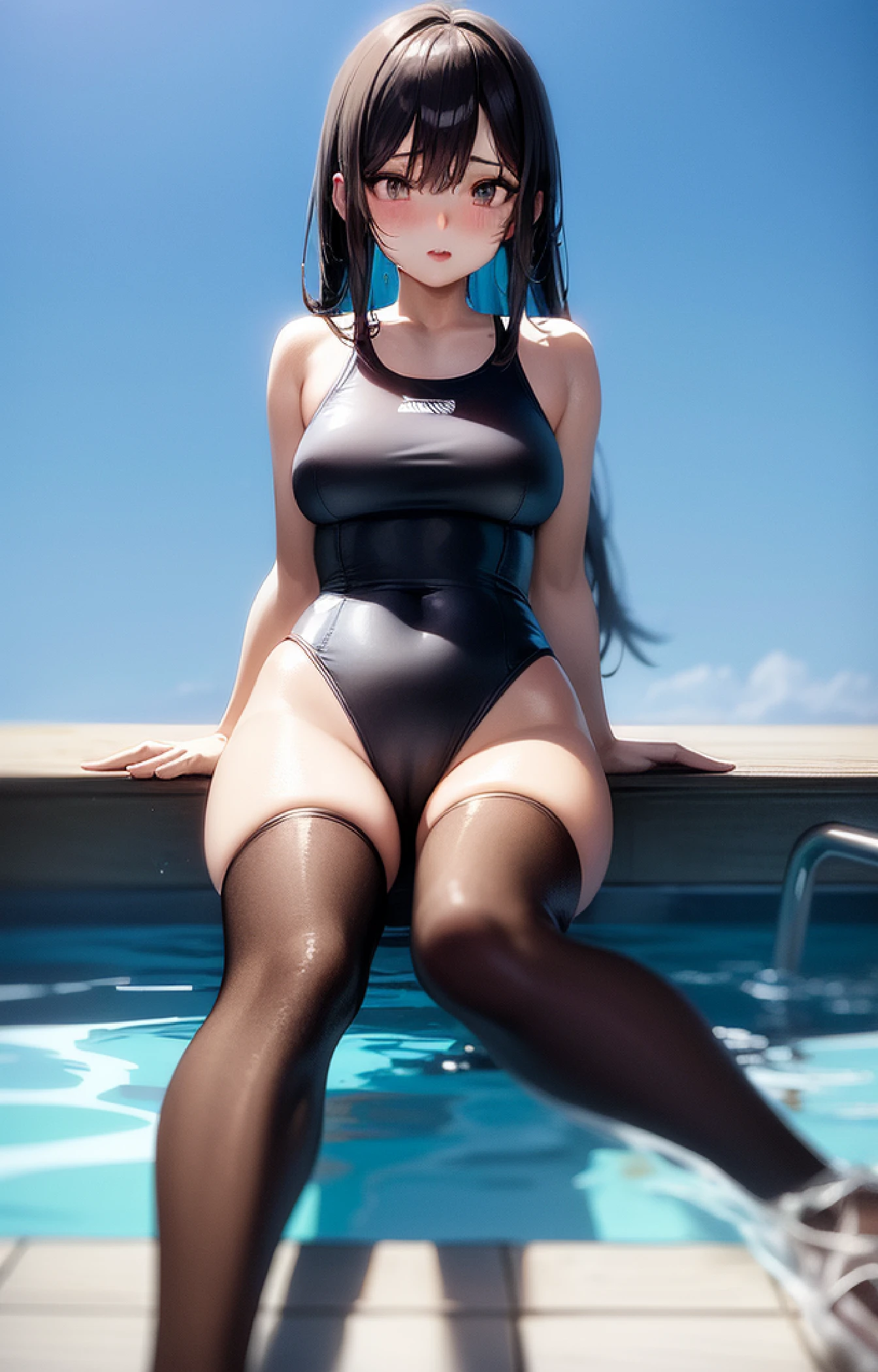 Cartoon image of a woman in a swimsuit sitting on the ground, Swimsuit, wearing a swimming wear, Wet swimsuit, swim wears, Seductive Anime Girl, next to a pool, anime moe art style, in a pool, Black swimsuit, monokini, [ 4 k digital art ]!!, (Anime Girl), realistic bikini, marin kitagawa fanart, swimsuit model