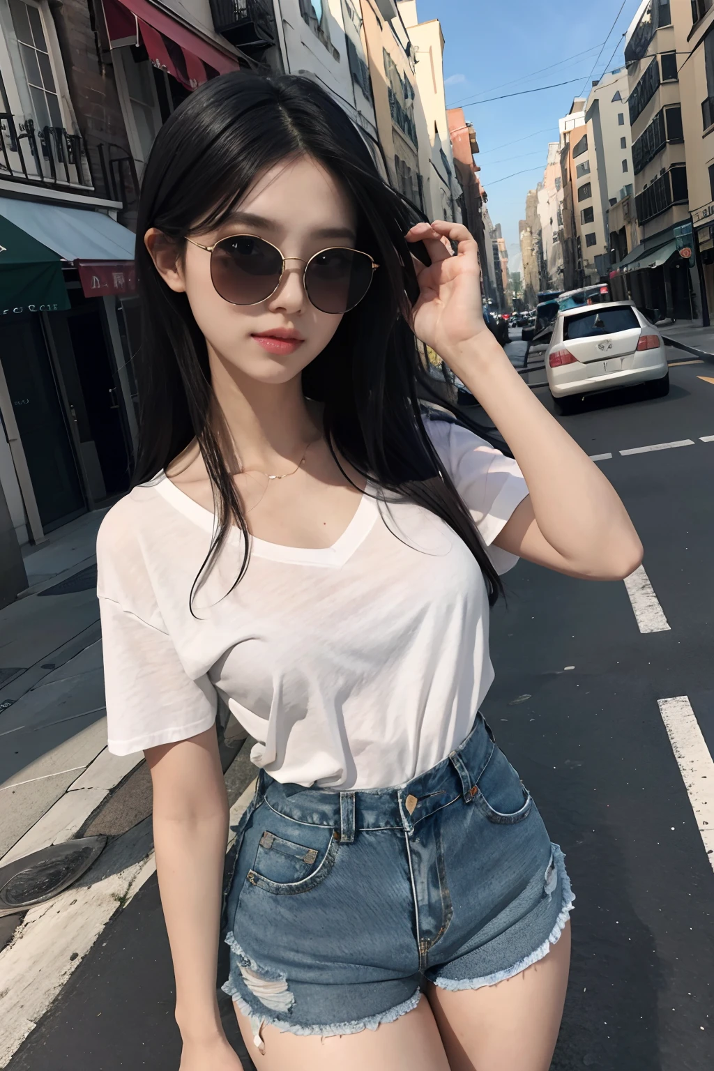 best qualtiy，tmasterpiece，超高分辨率，（realisticlying：1.4），RAW photogr，（Evening street），1个Giant Breast Girl，With sunglasses，黑The eye，long whitr hair，Light makeup，cparted lips，tiny ears，whitet-shirt，denim short，Beautiful Women with Perfect Figure:1.4, （exteriors，beachside：1.1），the city street，Ultra-fine face，Fine eyes，二重まぶた