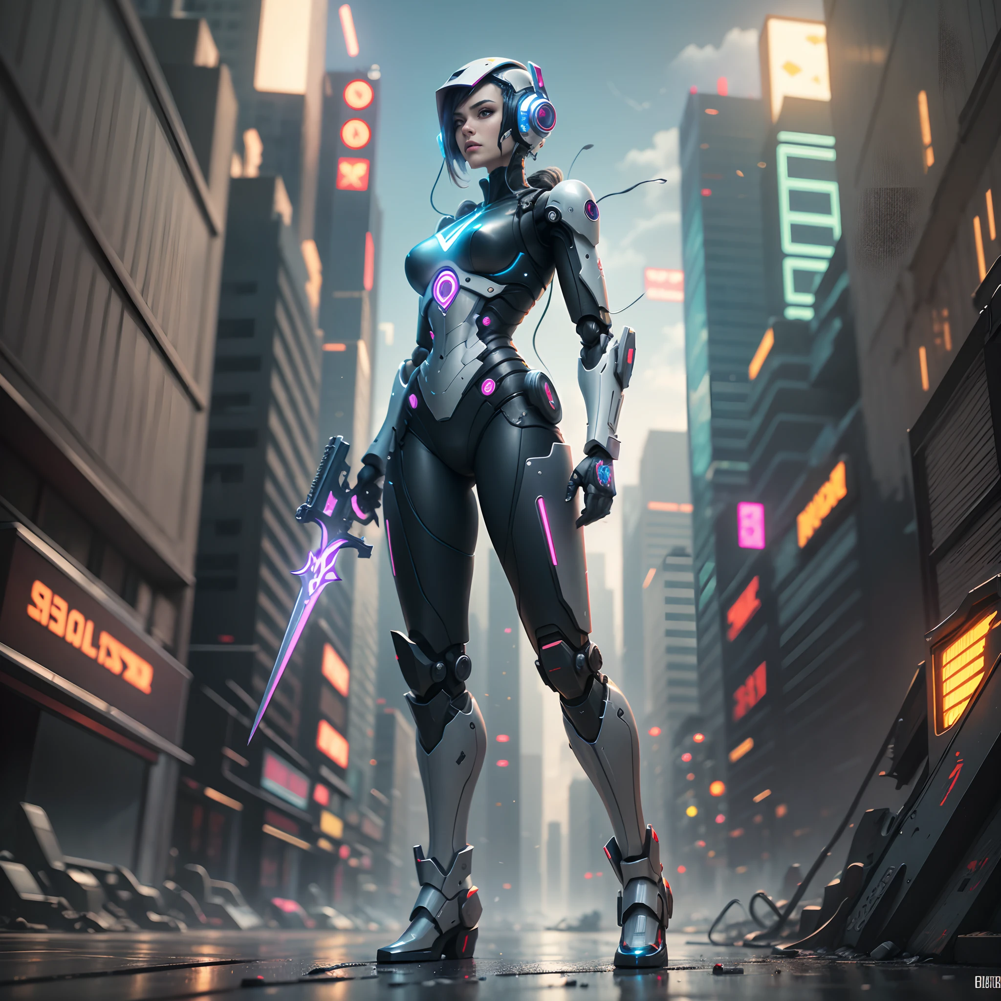 Assassin robot, cyberpunk, AI, Sword, best quality, extremely detail, cinematic vibe, full body, epic, detailed body, perfect Detail, hyperrealism, dramatic shot, neon lightning, 8K, --auto --s2