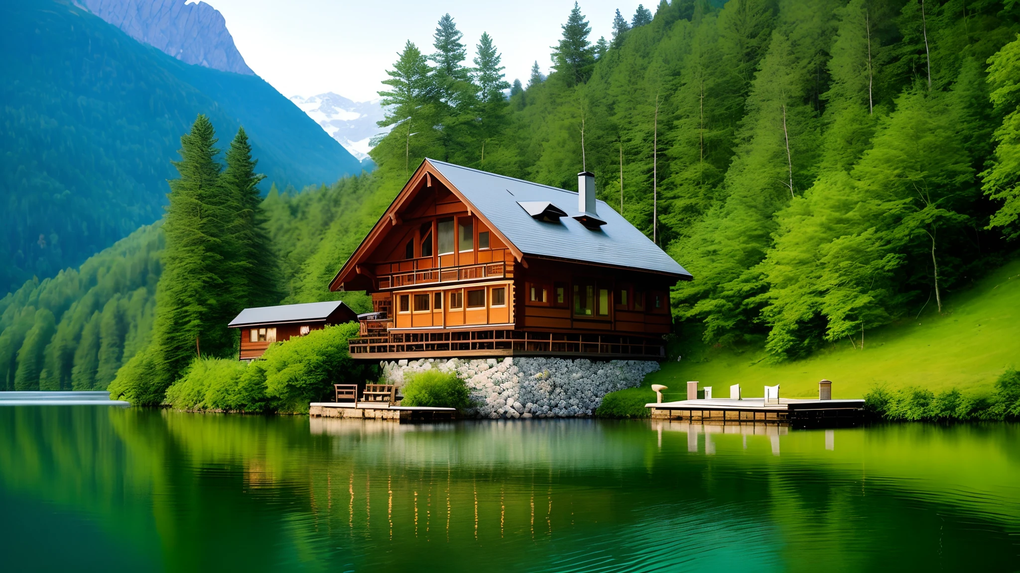 a wooden house on the shore of a lake surrounded by mountains, lake house, peaceful wooden mansion, build in a forest near of a lake, beautiful place, idyllic cottage, peaceful and serene, beatiful house, house in forest, by Franz Hegi, log cabin beneath the alps, wooden cottage, wooden house, beautiful house on a forest path, setting in nature