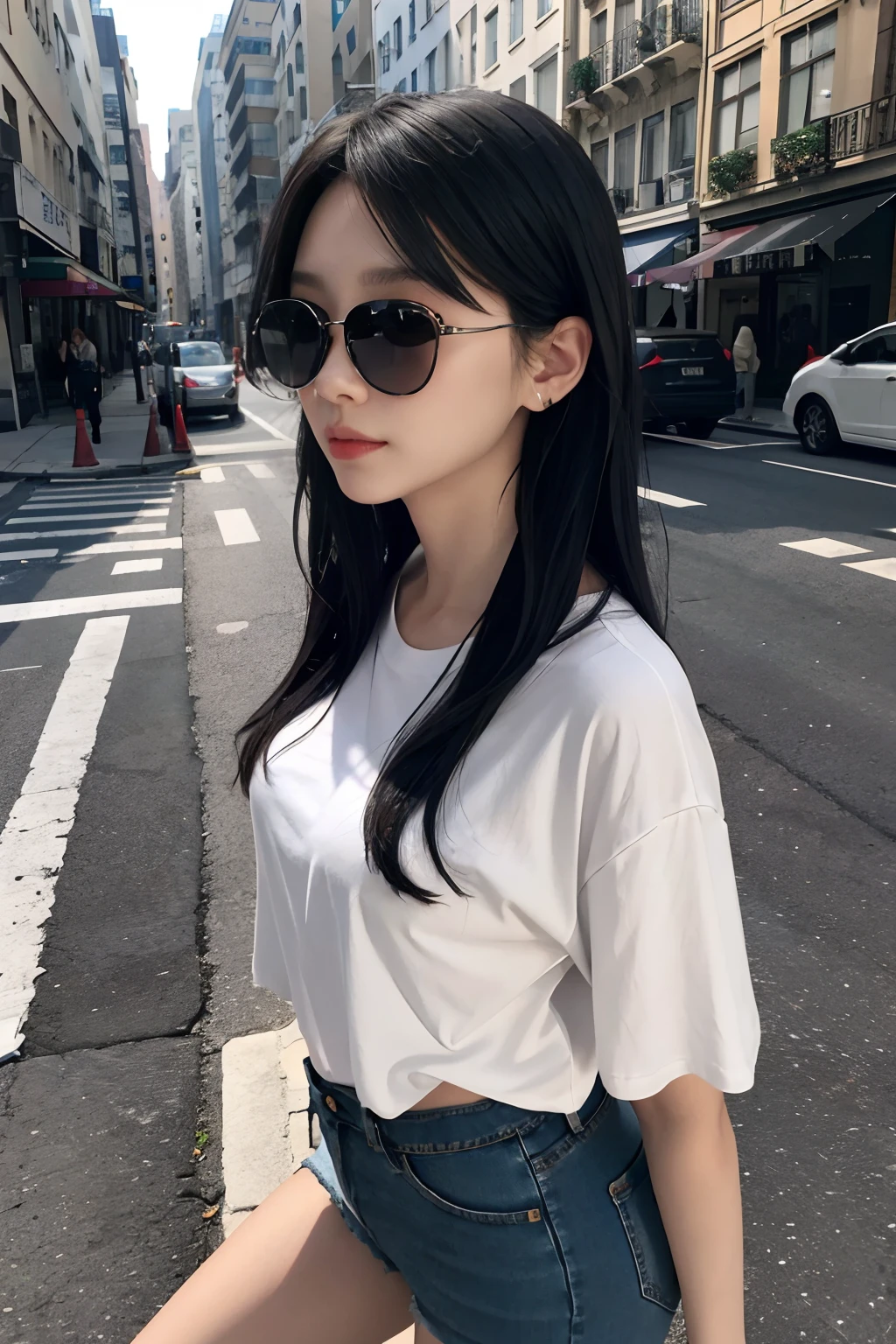 best qualtiy,tmasterpiece,超高分辨率,(realisticlying:1.4),RAW photogr,(Evening street),1个Giant Breast Girl,With sunglasses,黑The eye,long whitr hair,Light makeup,cparted lips,tiny ears,whitet-shirt,denim short,Beautiful Women with Perfect Figure:1.4, (exteriors,beachside:1.1),the city street,Ultra-fine face,Fine eyes,二重まぶた