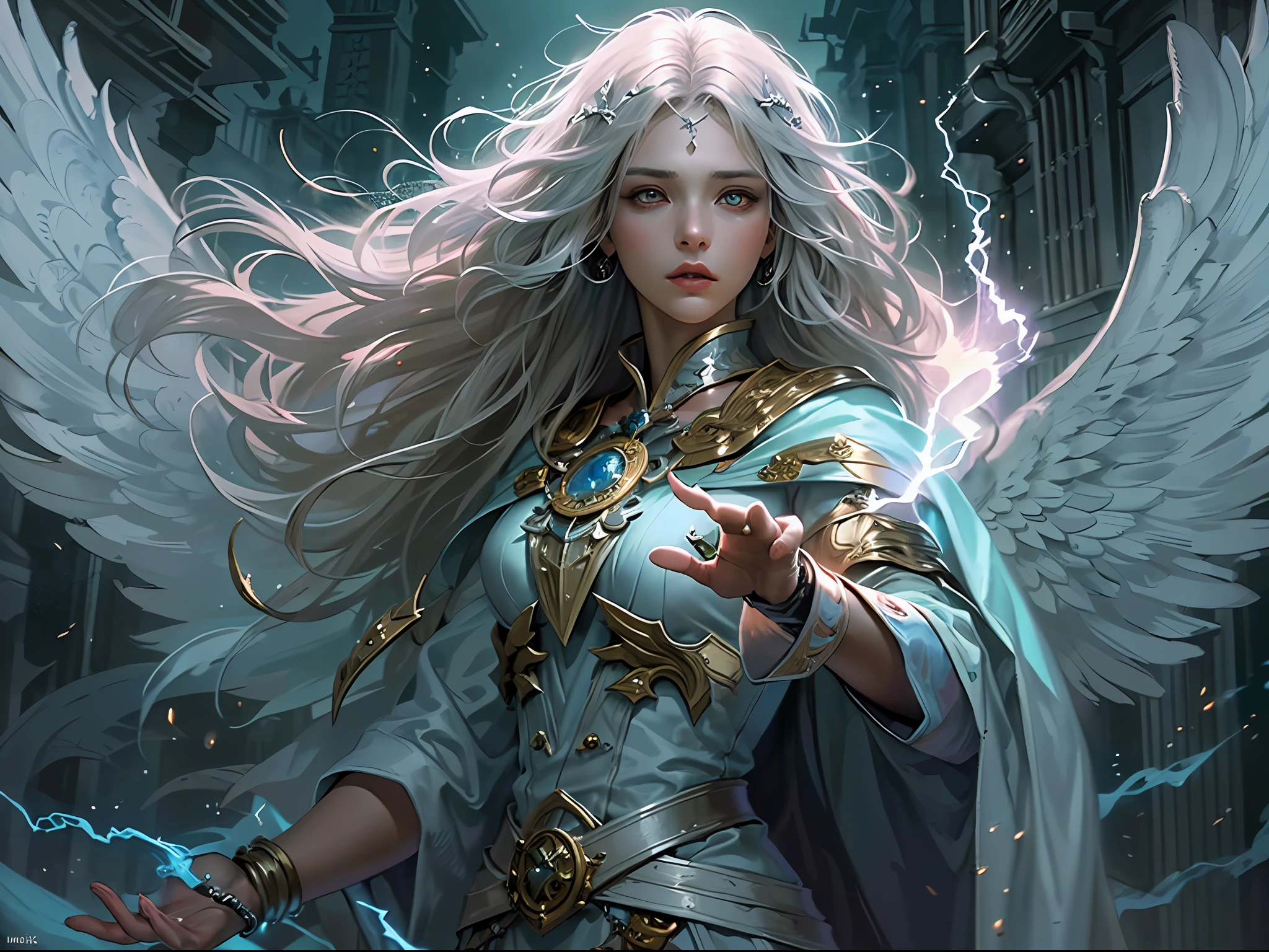 arafed high details, best quality, 8k, [ultra detailed], masterpiece, best quality, (extremely detailed), dynamic angle, ultra wide shot, photorealistim, RAW, fantasy art, dnd art, fantasy art, realistic art, a wide angle picture of a female aasimar sorceress casting a lightning spell, full body  (intense details, Masterpiece, best quality), D&D aasimar, exremley beautiful female aasimar, silver hair, long hair, wavy hair, dynamic eyes color, angelic eyes, radiant magical eyes, ultra detailed face (intense details, Masterpiece, best quality), spread angelic wings, white angelic wings (intense details, Masterpiece, best quality),  wearing [black] robe, wearing blue cloak, long cloak, flowing cloak with lightning motifs (intense details, Masterpiece, best quality), armed with magical staff (intense details, Masterpiece, best quality), manipulating lightning magical energy (intense details, Masterpiece, best quality), controlling lightning, dark fantasy magical tower background, evil temple background (intense details, Masterpiece, best quality), ready for action