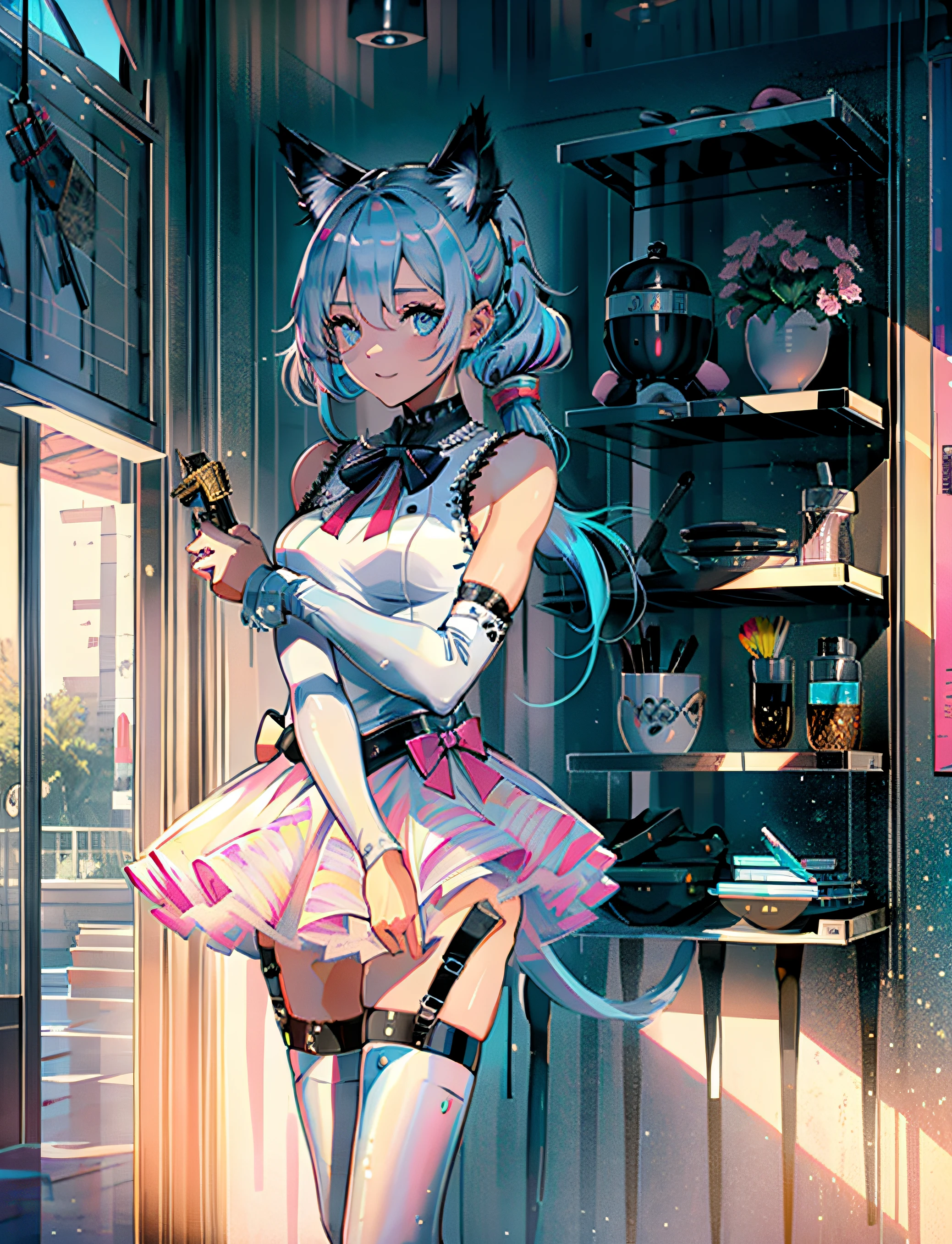 1girl，dual horsetail，O cabelo multicolorido，hair adornments，Hair above one eye，Cat ears，eBlue eyes，Blue hair，Pink hair，ssmile，Bow knot，独奏，inside in room，putting makeup on，pleatedskirt，long whitr hair，By bangs，Powder nails，Open-mouthed,(RAW photos,best qualtiy),(fidelity,Photo realism:1.3),tmasterpiece