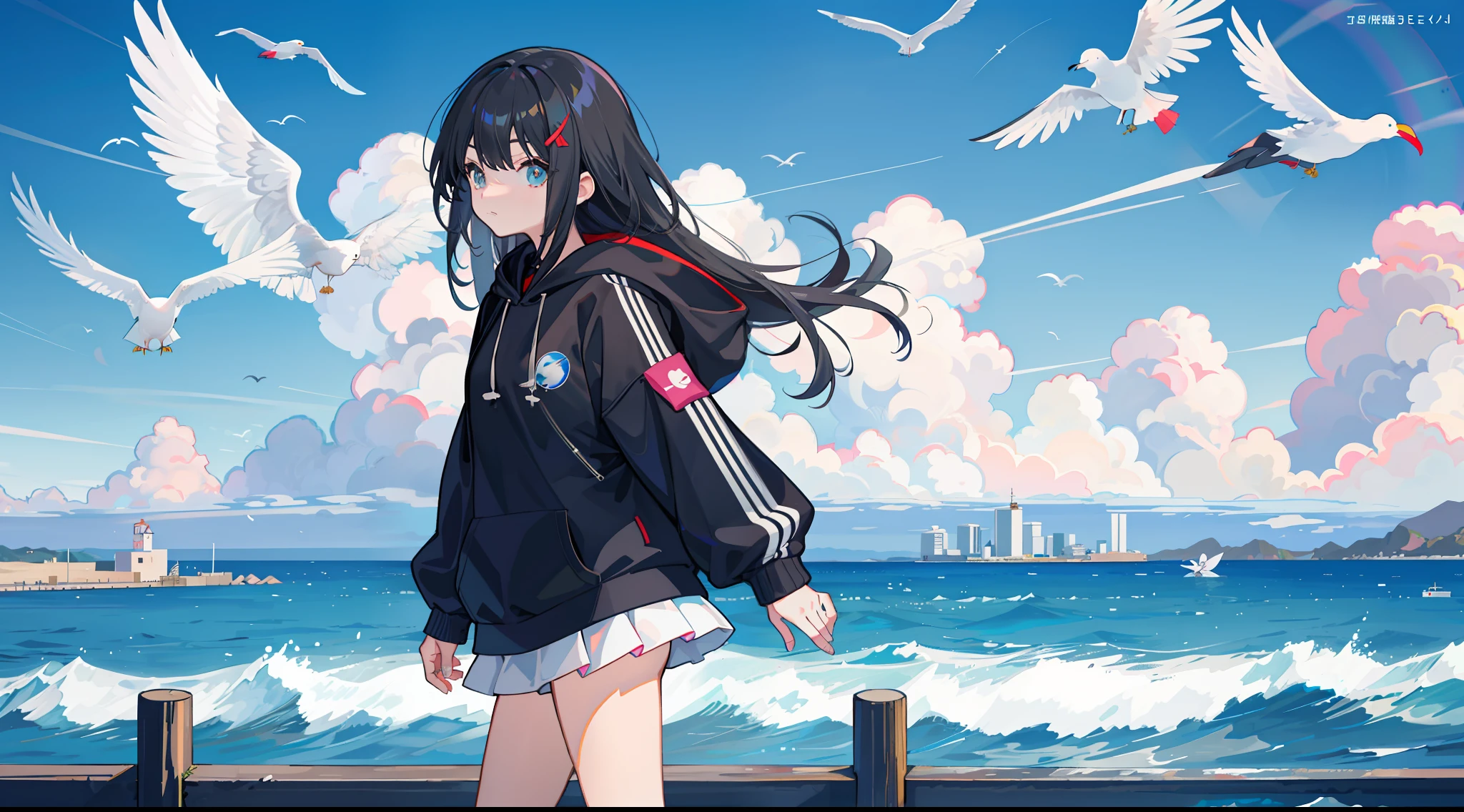 teens girl,Hooded sweatshirt,校服,black long straight hair,with fair skin,Slim,sea beach,breakwater,Skysky,clouds,seagulls,Detailed background,vessels