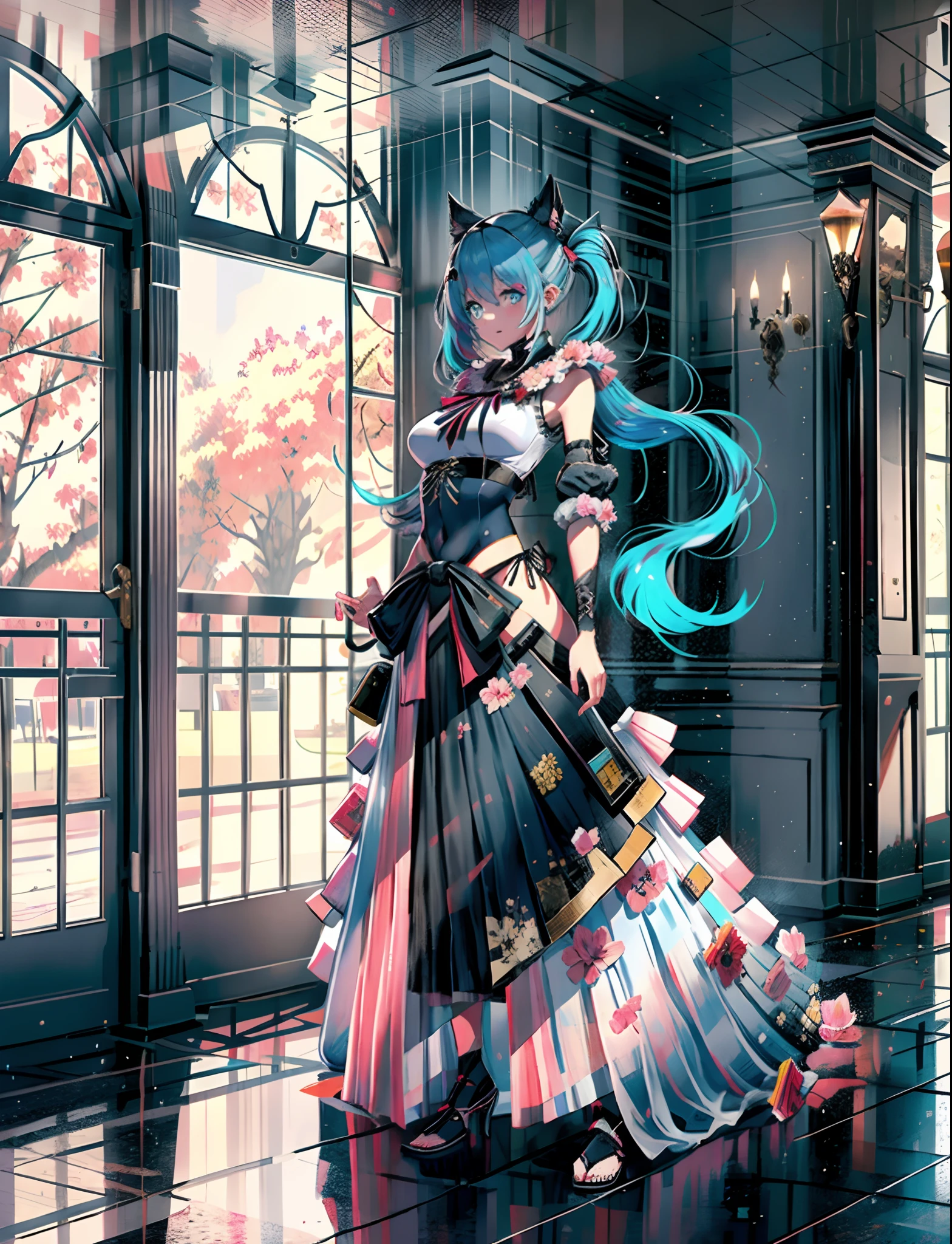 1girl,dual horsetail,O cabelo multicolorido,hair adornments,Hair above one eye,Cat ears,eBlue eyes,Blue hair,Pink hair,ssmile,Bow knot,独奏,inside in room,putting makeup on,pleatedskirt,long whitr hair,By bangs,Powder nails,Open-mouthed,(RAW photos,best qualtiy),(fidelity,Photo realism:1.3),tmasterpiece