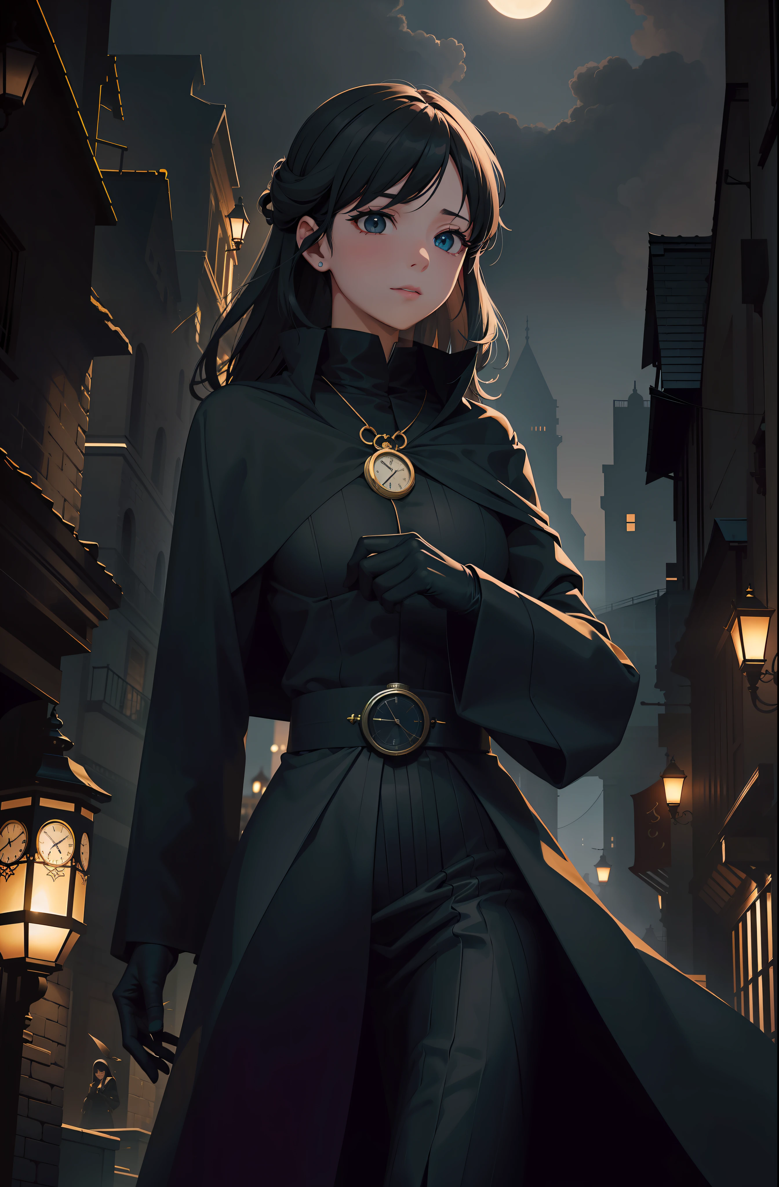 Enigmatic young white japanese anime character navigates the dark paths of nighttime London. Coberto por um elegante sobretudo, its ebony fabric swells like the tendrils of the night itself, as they glide over the millennia-old cobblestones. Sob o manto, A meticulously tailored suit weaves a symphony of intricate patterns, cada ponto um sussurro de enigma. Dark gloves cover hands, a tactile enunciation of hidden intentions.In the heart of the city, obscured by a dense shroud of mist, Iconic landmarks dissolve into the abyss, while the ethereal glow of the twinkling gas lamps casts an almost supernatural glow. The shadows dance with a sinister grace, choreographed by an invisible hand, adding to the prevailing air of mystery.In the middle of this atmospheric screen, os olhos do personagem brilham como obsidiana polida, reflecting unwavering determination and inscrutable purpose. Your pocket watch, A relic of occult motive, Captures and releases ephemeral flashes of ligh.