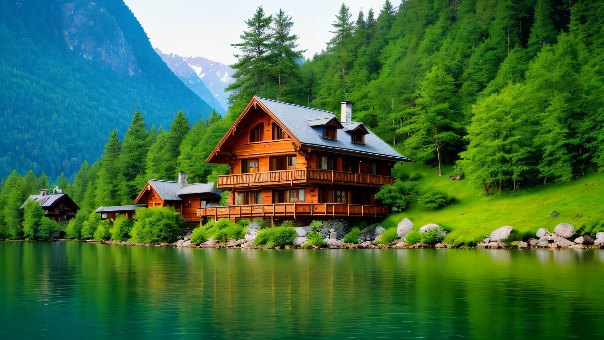 a wooden house on the shore of a lake surrounded by mountains, lake house, peaceful wooden mansion, build in a forest near of a lake, beautiful place, idyllic cottage, peaceful and serene, beatiful house, house in forest, by Franz Hegi, log cabin beneath the alps, wooden cottage, wooden house, beautiful house on a forest path, setting in nature