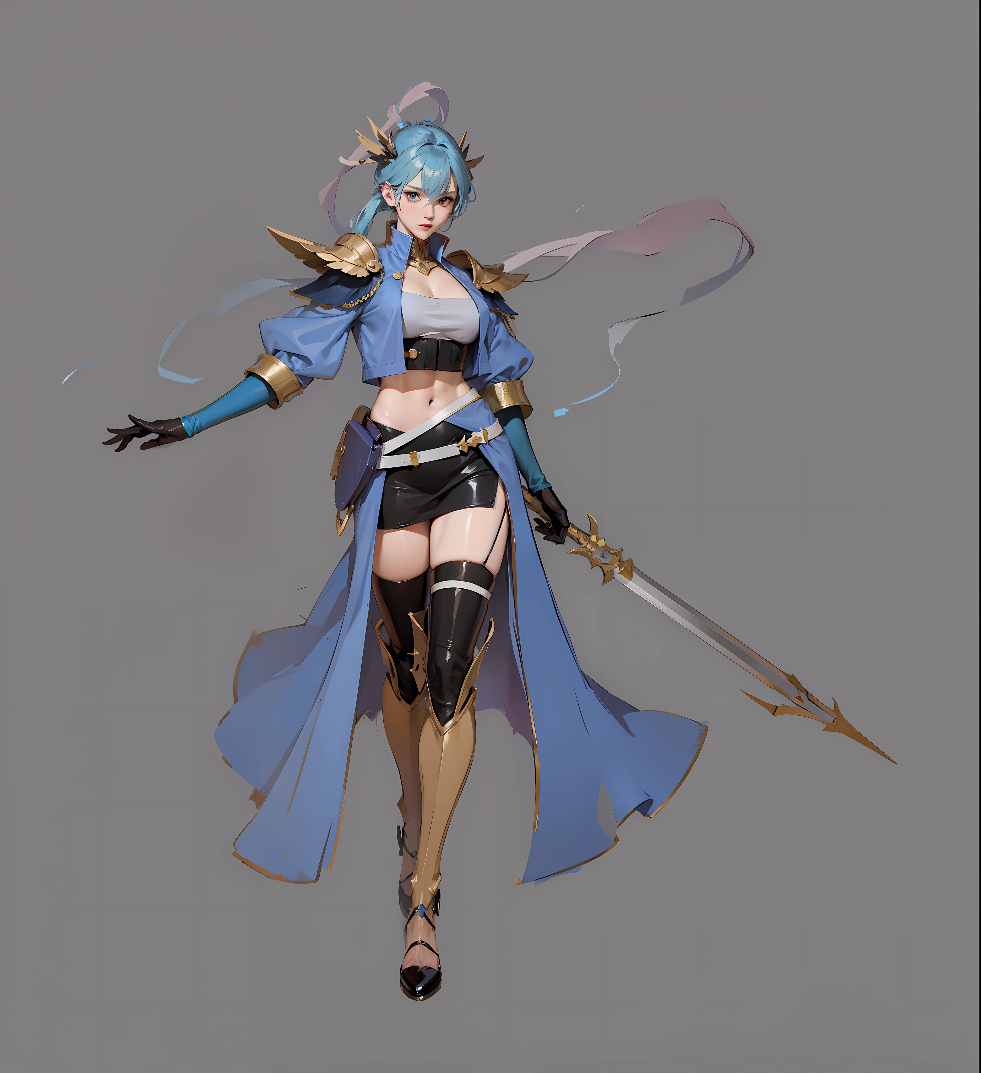 Anime characters in blue coats, full body concept, detailed full-body concept, concept character, full body concept art, full body character concept, detailed full body concept art, concept art character, concept art style, character concept, 2D concept art, new costume concept design, character design concept, full body action concept art, valkyrie style character