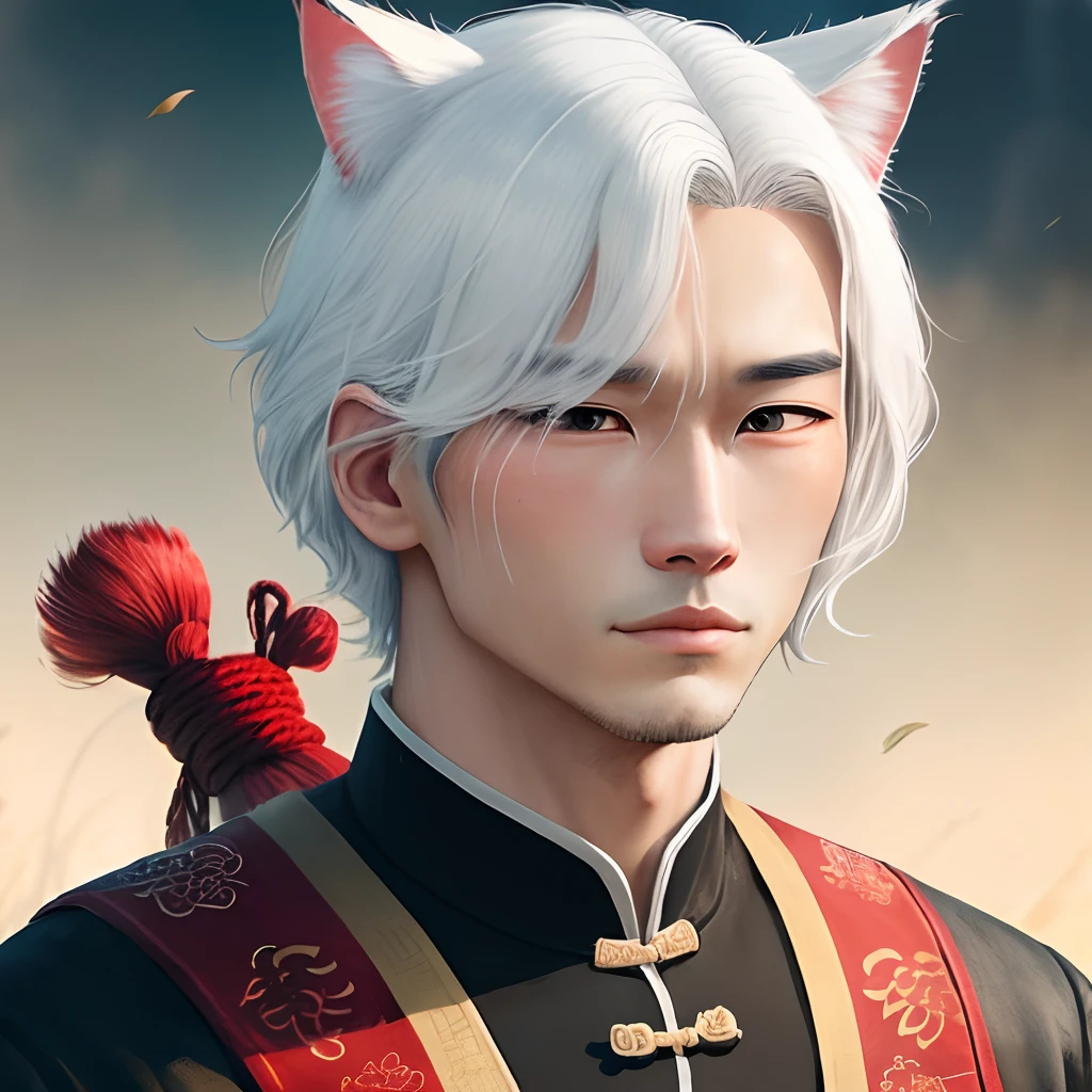 Adult male White hair Hair volume Cat cat mouth Chinese style Hair blocks one eye Hair is tied with a red head rope