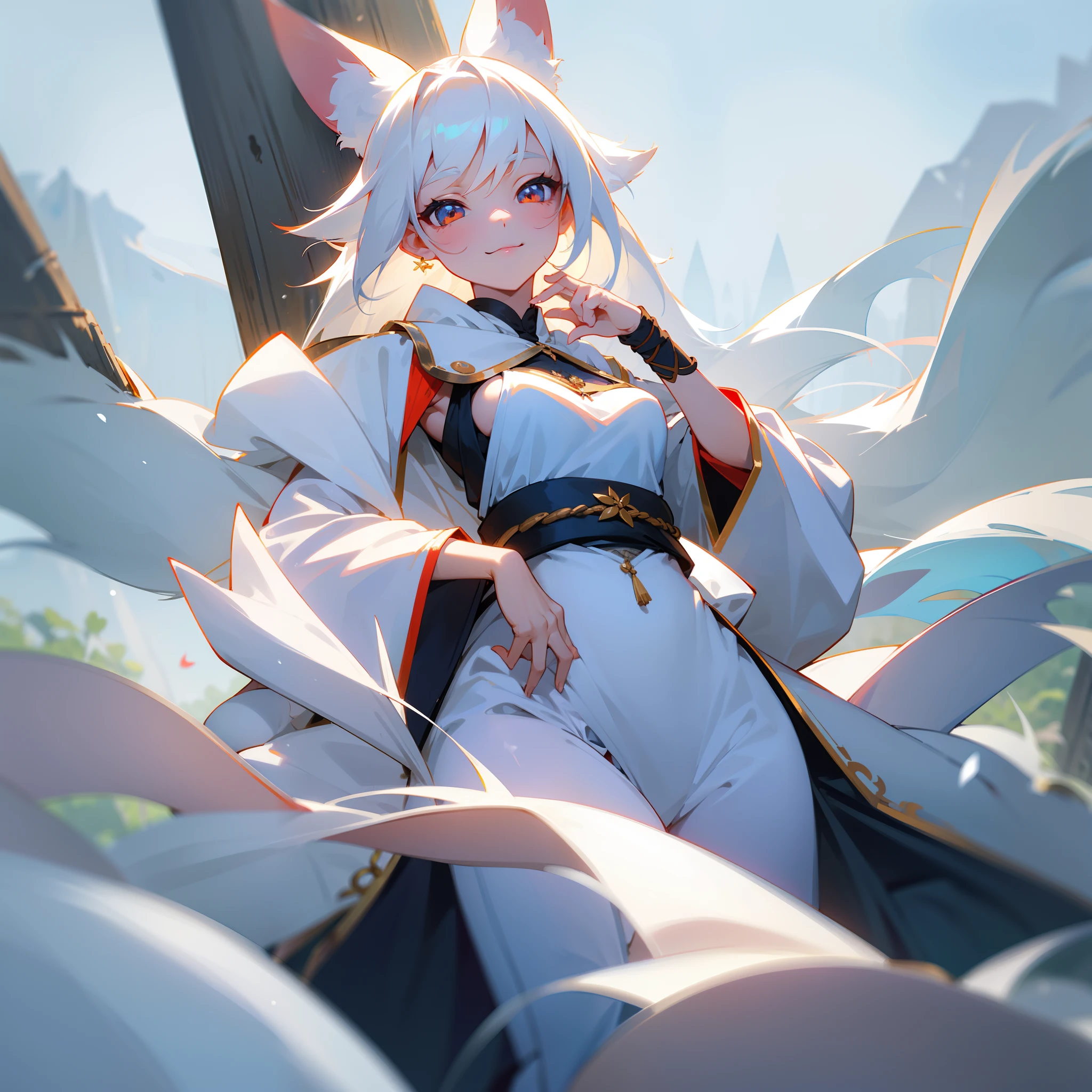 Snow-white haired fox-eared girl，The is very detailed，ssmile，Keep one's mouth shut，looking toward the viewer，Be red in the face，smallunderboob，The upper part of the body，（Ancient clothes）