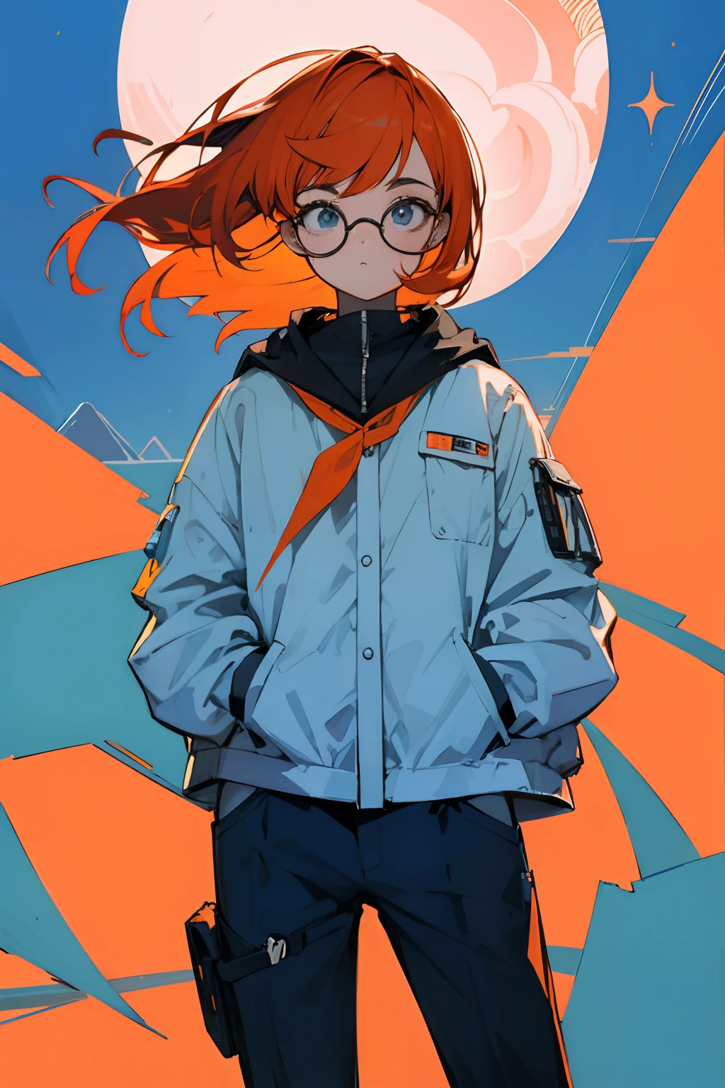 melhor qualidade, papel de parede 4K, obra-prima, extremamente detalhado CG unidade de papel de parede 8k, olhos extremamente detalhados, ultra-detalhado, detalhes intrincados, 1girl, estilo de arte retro, estilo de arte neon_pop, Public, ao ar livre, sinal de estrada, cidade, orange hair, dark blue iris, hands in a pocket, cabelo cacheado, eyeglass, Round Eyewear,seios grandes, cabelo longo