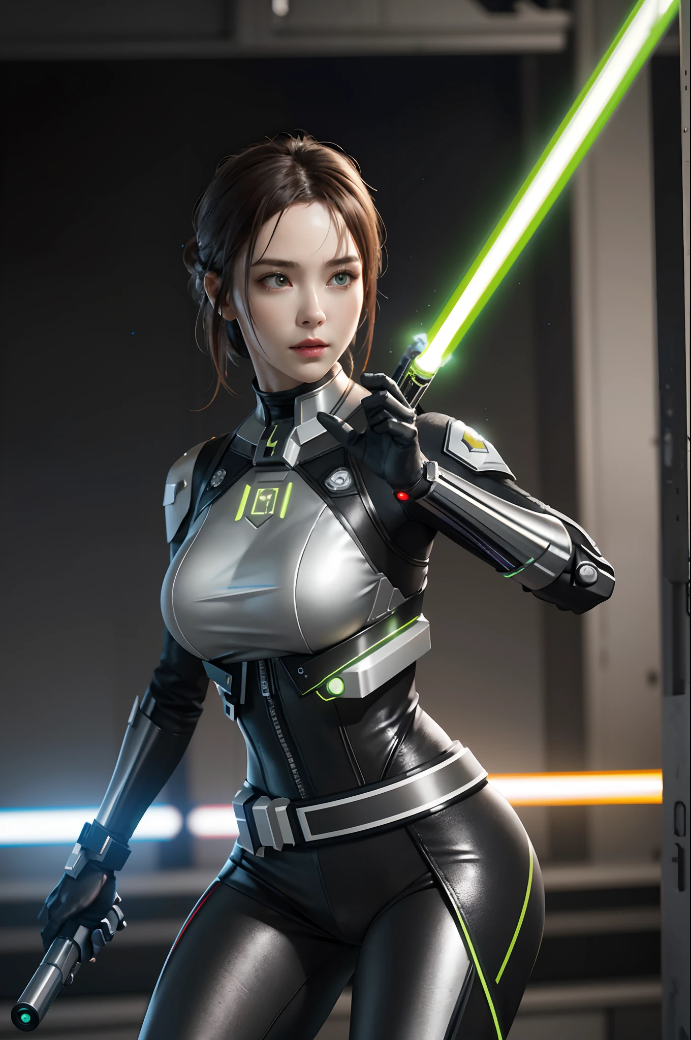((Best quality)), ((Masterpiece)), (Details:1.4), 3D, images of beautiful cyberpunk women,hdr (HighDynamicRange),Ray tracing,NVIDIA RTX,Super resolution,Unreal 5,Subsurface scattering,PBR Texture,Post-processing,Female Jedi,,(holding light saber, attack pose)) 、