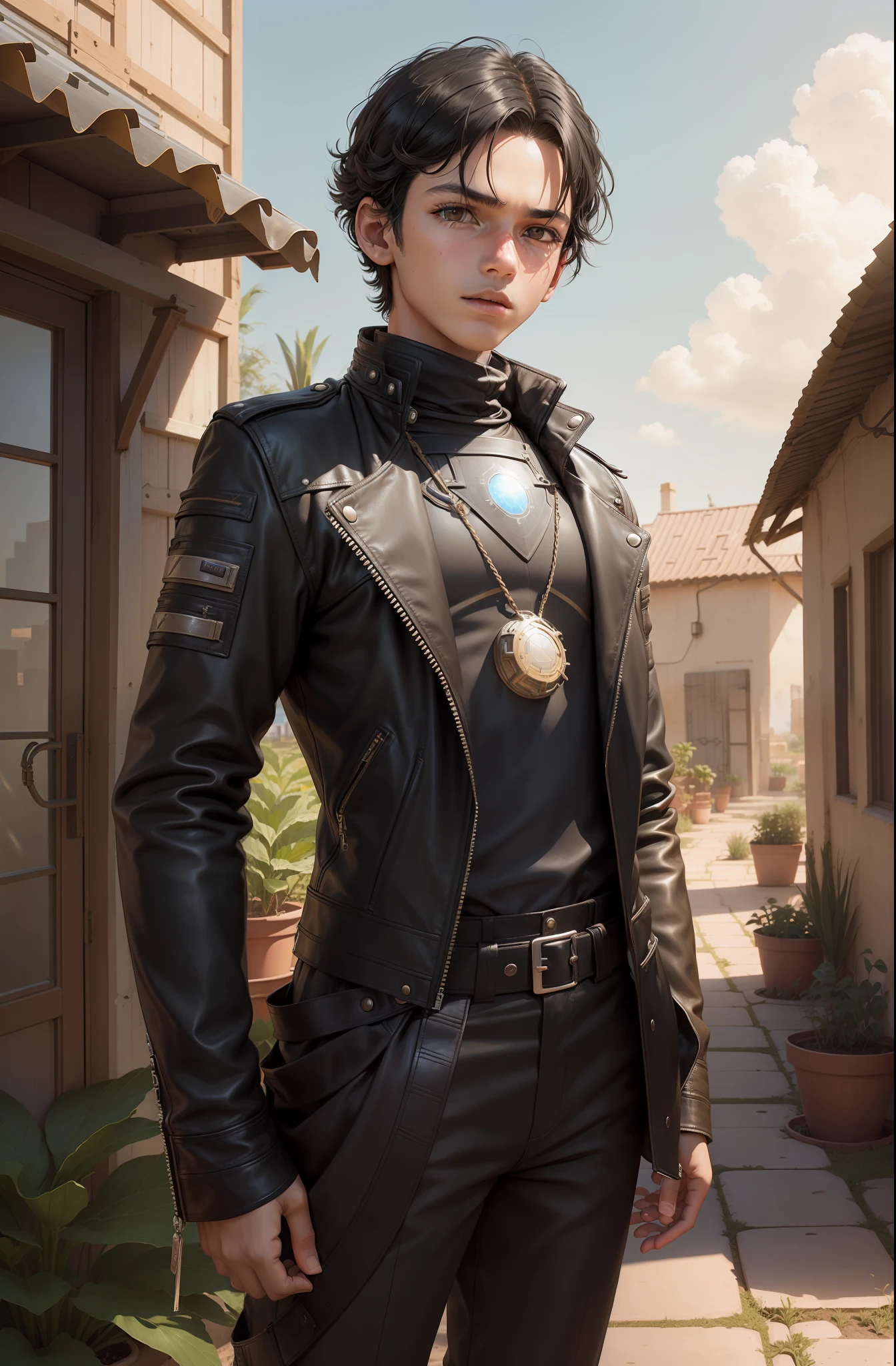 Marba on solarpunk farm, ( Marba: boy. 14 years old, black hair, bravem,ability to solve problems,leather jacket), ( farm: solar panels on roofs, garden )