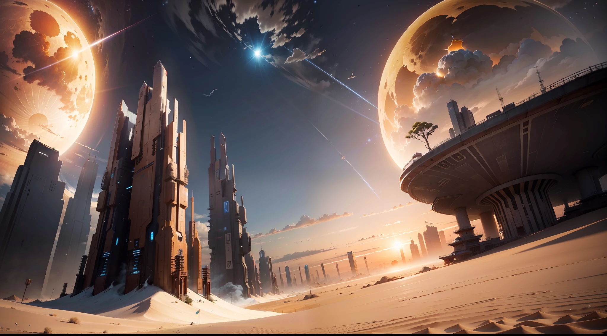 best qualtiy， tmasterpiece， 超高分辨率， （realisticlying：1.5）， RAW photogr，future-tech，Science fiction works，There are three suns in the sky，Above ground is desert