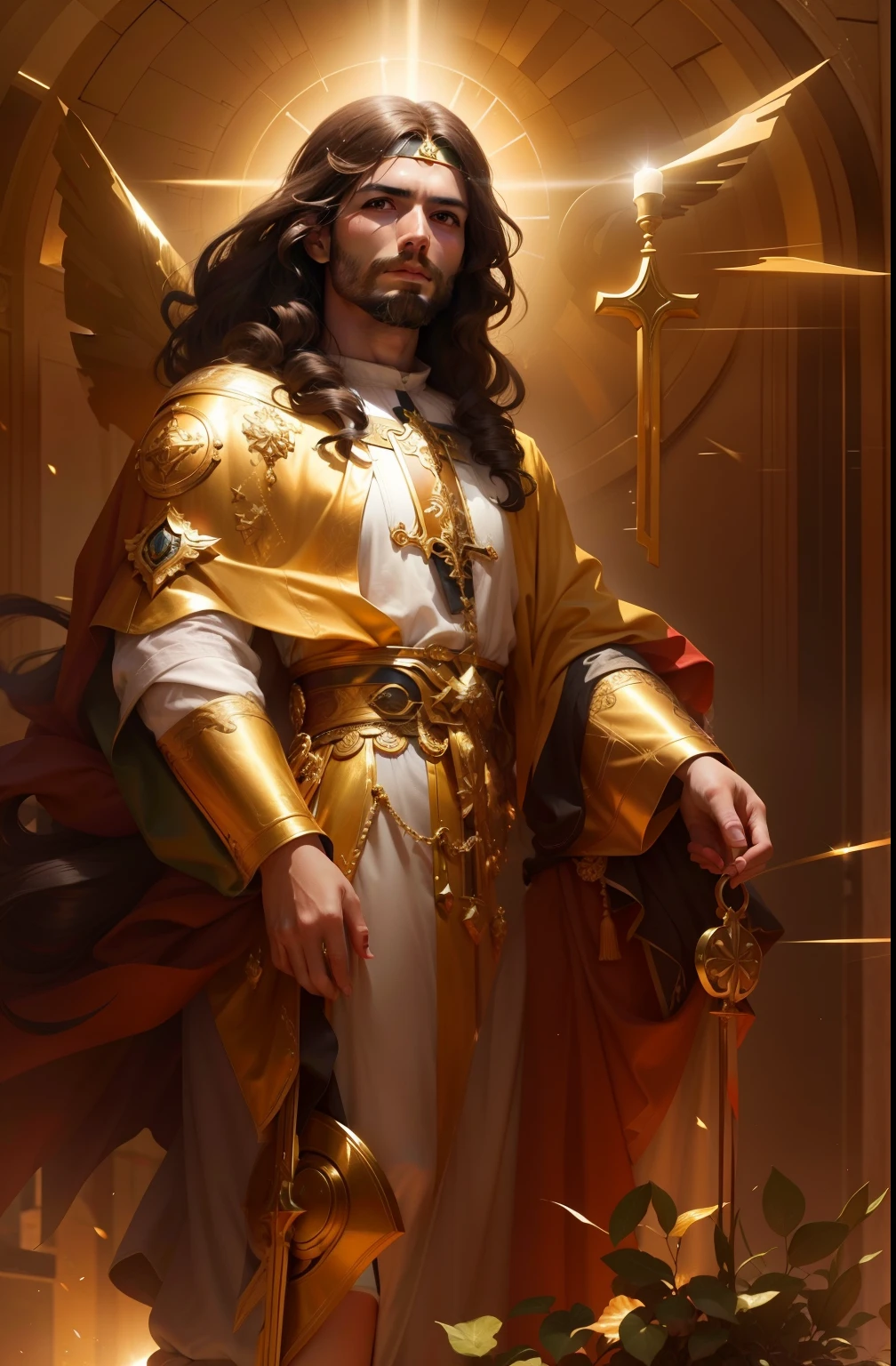 Jesus Cristo com cabelos brancos com aspecto resplandecente como o sol andando no meio de Candeeiros de Ouro puro lindo e dourado. Image with very high lighting quality, Very high resolution image, image with very high coloration, imagem realista, imagem hiperdetalhada