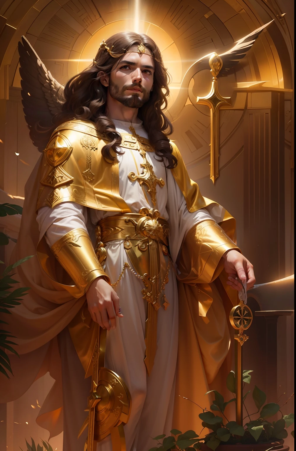 Jesus Cristo com cabelos brancos com aspecto resplandecente como o sol andando no meio de Candeeiros de Ouro puro lindo e dourado. Image with very high lighting quality, Very high resolution image, image with very high coloration, imagem realista, imagem hiperdetalhada