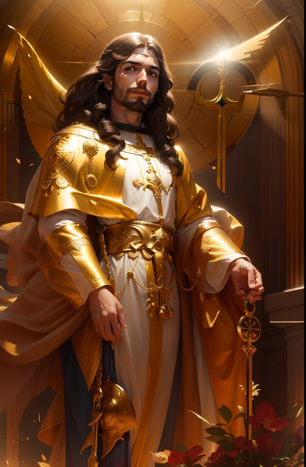 Jesus Cristo com cabelos brancos com aspecto resplandecente como o sol andando no meio de Candeeiros de Ouro puro lindo e dourado. Image with very high lighting quality, Very high resolution image, image with very high coloration, imagem realista, imagem hiperdetalhada