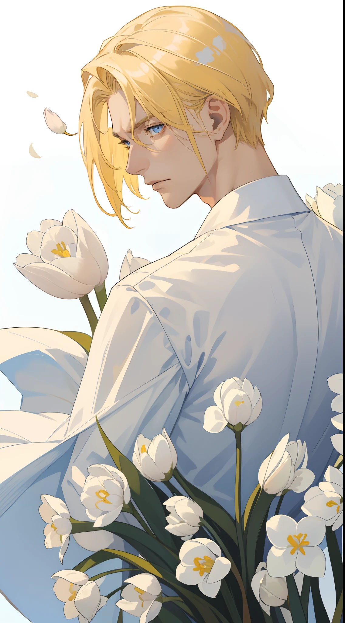 masterpiece, best quality, realistic, 1man, male focus, male model, tall muscular, handsome, closed mouth, simple clothes, portrait, extremely detailed face, short light yellow hair, flying bangs, blue eyes, white background, simple background, SIDE VIEW, looking at the viewers, view from the back, white tulips field, MALE ONLY, MALE