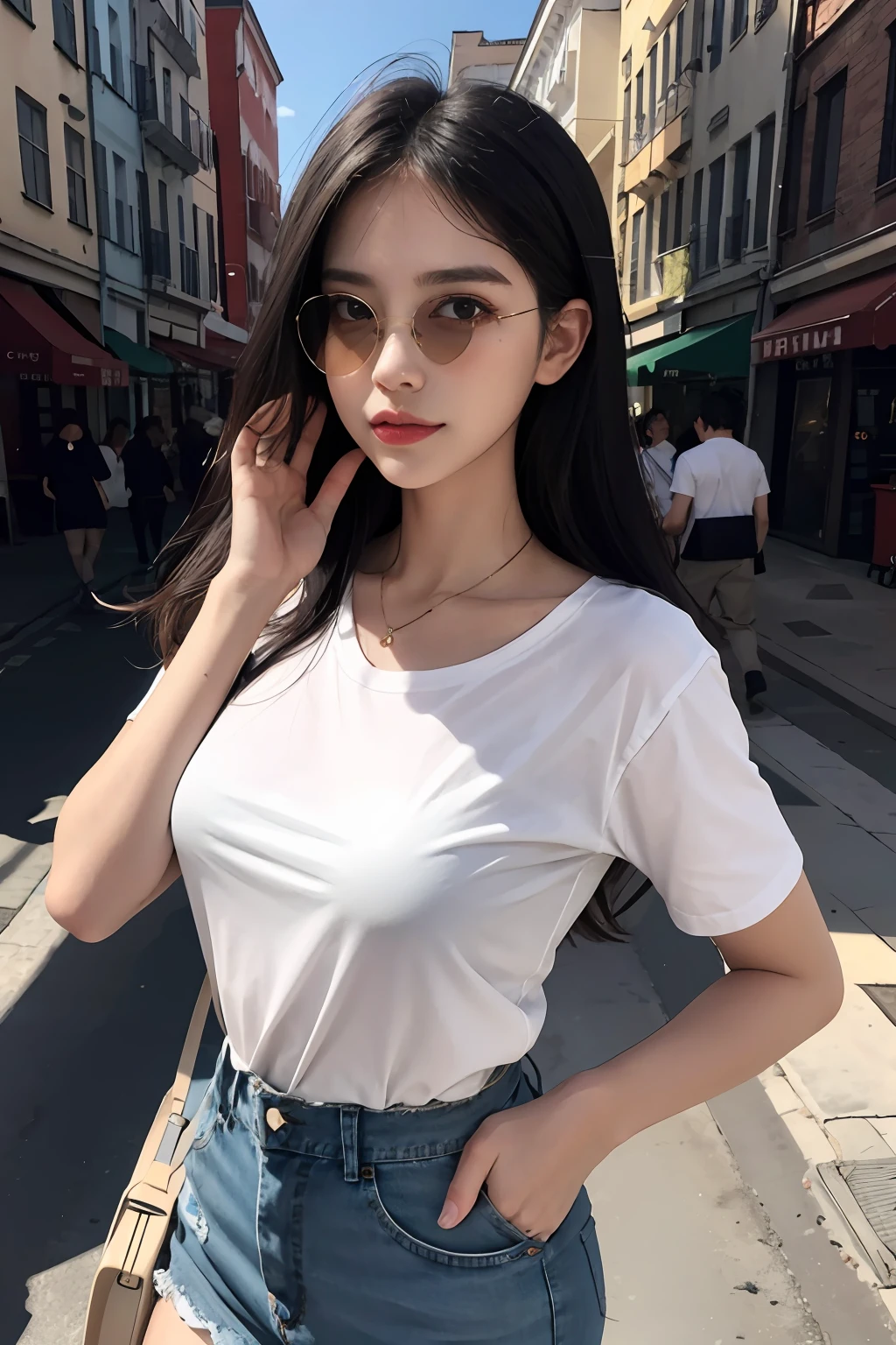 best qualtiy,tmasterpiece,超高分辨率,(realisticlying:1.4),RAW photogr,(Evening street),1个Giant Breast Girl,With sunglasses,黑The eye,long whitr hair,Light makeup,cparted lips,tiny ears,whitet-shirt,denim short,Beautiful Women with Perfect Figure:1.4, (exteriors,beachside:1.1),Ultra-fine face,Fine eyes,二重まぶた