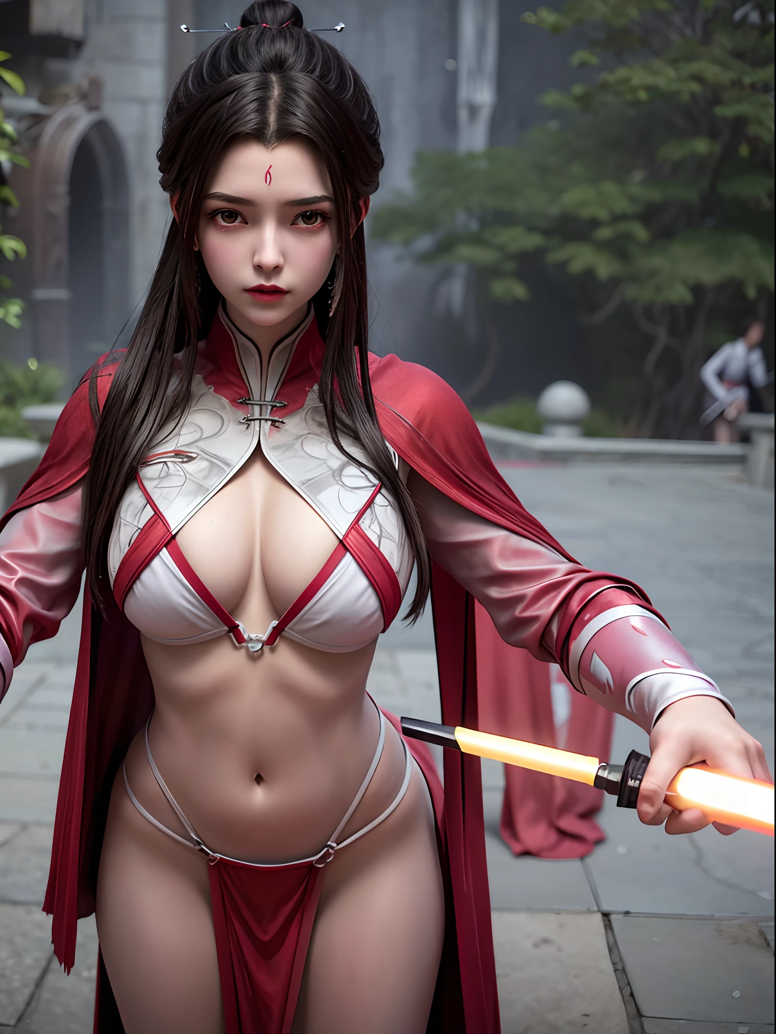 weak light, physically-based rendering, upper body, 1 girl, luxueqi, solo, looking at viewer, very huge breast, breasts out, breasts focus,sexy pose, shinny skins,ultra high res, (photorealistic:1.4), raw photo,16K,dramatic lighting, film grain,black Armor and red robe,black Armor and red robe,a red mole on brow