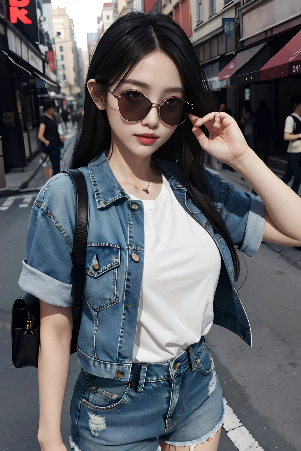 best qualtiy,tmasterpiece,超高分辨率,(realisticlying:1.4),RAW photogr,(Evening street),1个Giant Breast Girl,With sunglasses,黑The eye,long whitr hair,Light makeup,cparted lips,tiny ears,whitet-shirt,denim short,Beautiful Women with Perfect Figure:1.4, (exteriors,beachside:1.1),Ultra-fine face,Fine eyes,二重まぶた