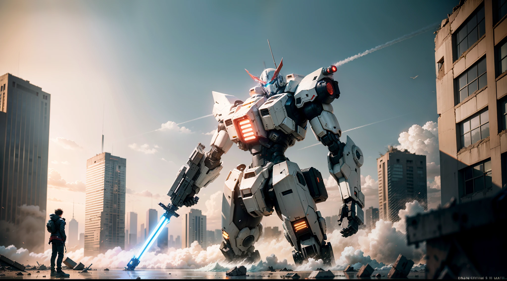 best qualtiy, tmasterpiece, 超高分辨率, (realisticlying:1.5), RAW photogr, In the ruins of the city,A building,,Future tech mecha,Mecha 100 meters high,The mech holds a huge lightsaber in his hand,smooggy,panoramic photo,depth of fields