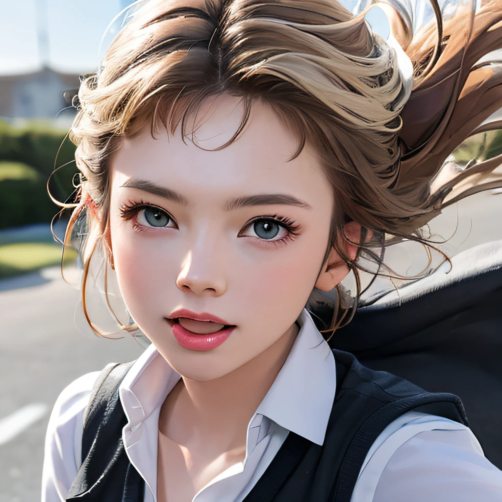 (8K, RAW Photos, of the highest quality, Masterpieces: 1.2), (Realistic, Photorealistic: 1.37), Highest Quality, Ultra High Resolution, light  leaks, Dynamic lighting, Slim and smooth skin, (Full body:1.3), (Soft Saturation: 1.6), (Fair skin: 1.2), (Glossy skin: 1.1), Oiled skin, 22 years old, Night, shiny white blonde, Well-formed, Hair fluttering in the wind, Close-up shot of face only, Physically Based Rendering, From multiple angles, A big smile, School uniform, Beige vest, thunderstorm, The Flash, stick out your tongue a little