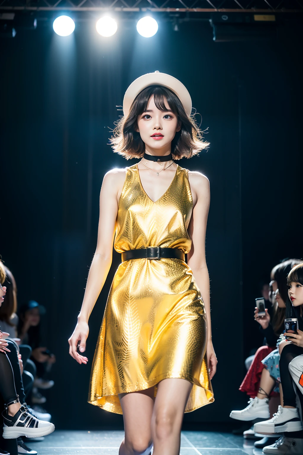 (8K分辨率,Full body photo in the distance,Photo of the halfway over the leg,Realistic wallpapers),(1 female,18yr old,(The facial features of Anhui Komuro:1.6,Wide skeletal cheeks,s delicate face),com rosto detalhado,(Delicate Japanese makeup,Stage pop makeup),Lovely face,com rosto detalhado,详细的脸,Ultra-fine makeup,Black colored eyes,(Look into the distance),Long gradient blonde hair,(By bangs,Messy has layers),Redlip,Fair smooth skin,(Best Skin Type:1.21),mediuml breasts,(Summer floral dress,wind coat,Sun hat,choker necklace,leather boots),Tall and tall,The action of flying kisses,perfect hand,Ultra-fine clothing material),(Stage catwalk,Huge LCD screen,Exquisite stage details,(Vista view of the catwalk,Outdoor catwalk,Tokyo fashion show,neonlight,There were a lot of spectators in the audience,Model on the catwalk)),(exhilarated,confident smile,Rejoice),(Various stage lighting assistance,profesional lighting,动态照明),((Color contrast,Subtle sexiness,vivaciousness,rays of sunshine(white colors,greys,black in color))),(Golden section,Cinema lenses,Dynamic shots,Hasselblad photograp,tmasterpiece:1.3),(adolable,rays of sunshine,vivaciousness,Petite and lovely,dream magical,Little woman,trendsetting,Street style,Artis,Art platform)