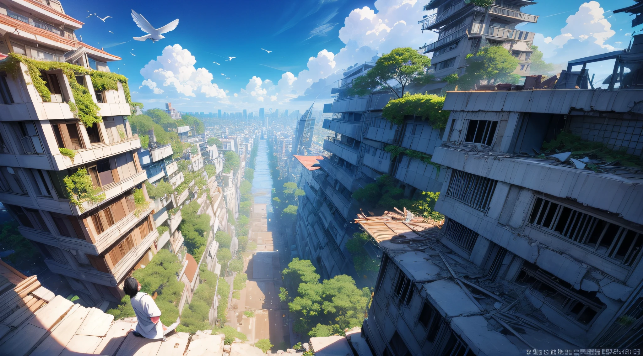 One Japan man is happily flying in the sky on a unicorn。Blue sky and clouds。And the sun is shining on them。Birds are flying in the sky in the distance。One ship floating in the sky。The city seen below is a world where many buildings have collapsed and collapsed.。Green trees in buildings々or plant roots are entangled.。