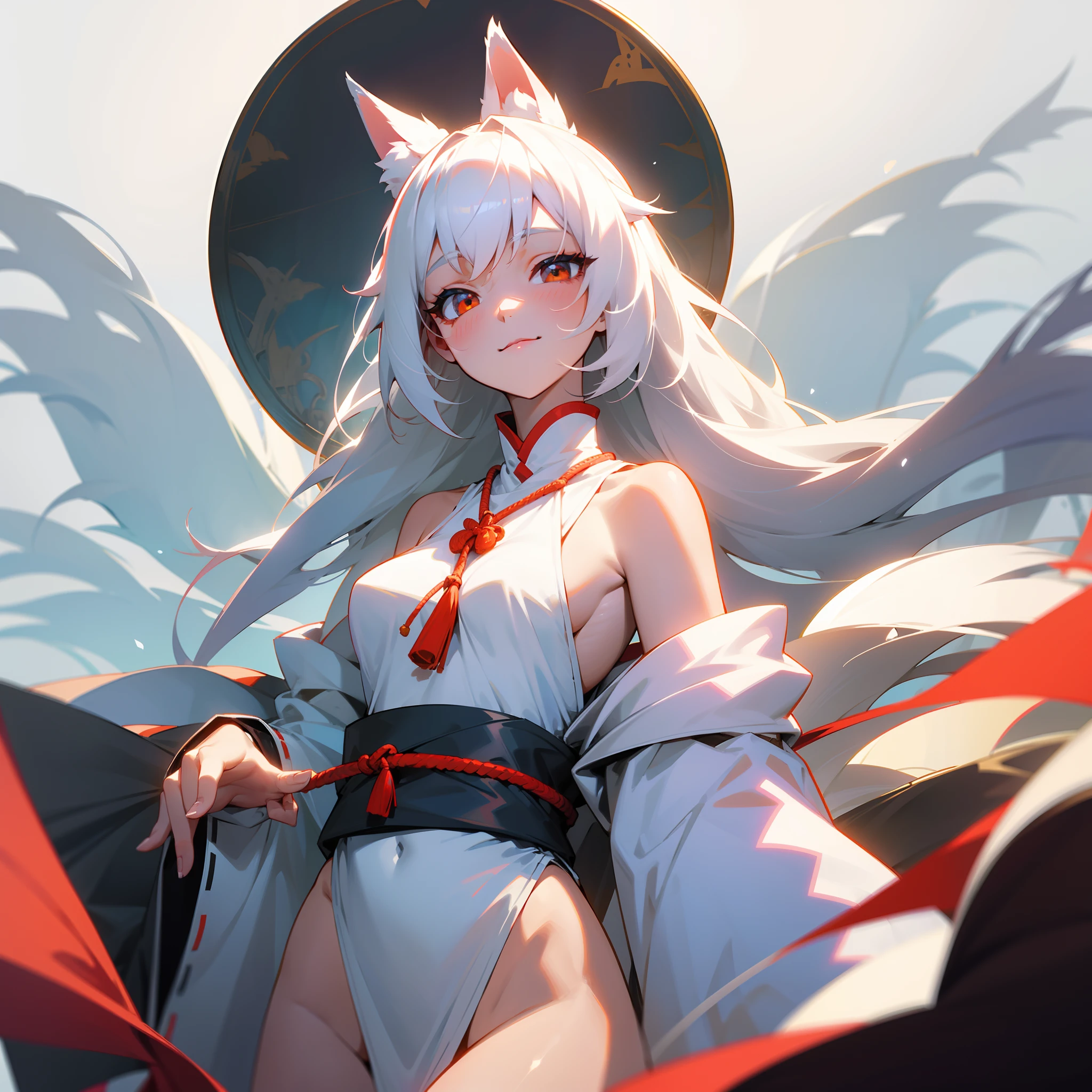 Snow-white haired fox-eared girl,The is very detailed,ssmile,Keep one's mouth shut,looking toward the viewer,Be red in the face,smallunderboob,The upper part of the body,(Ancient clothes)