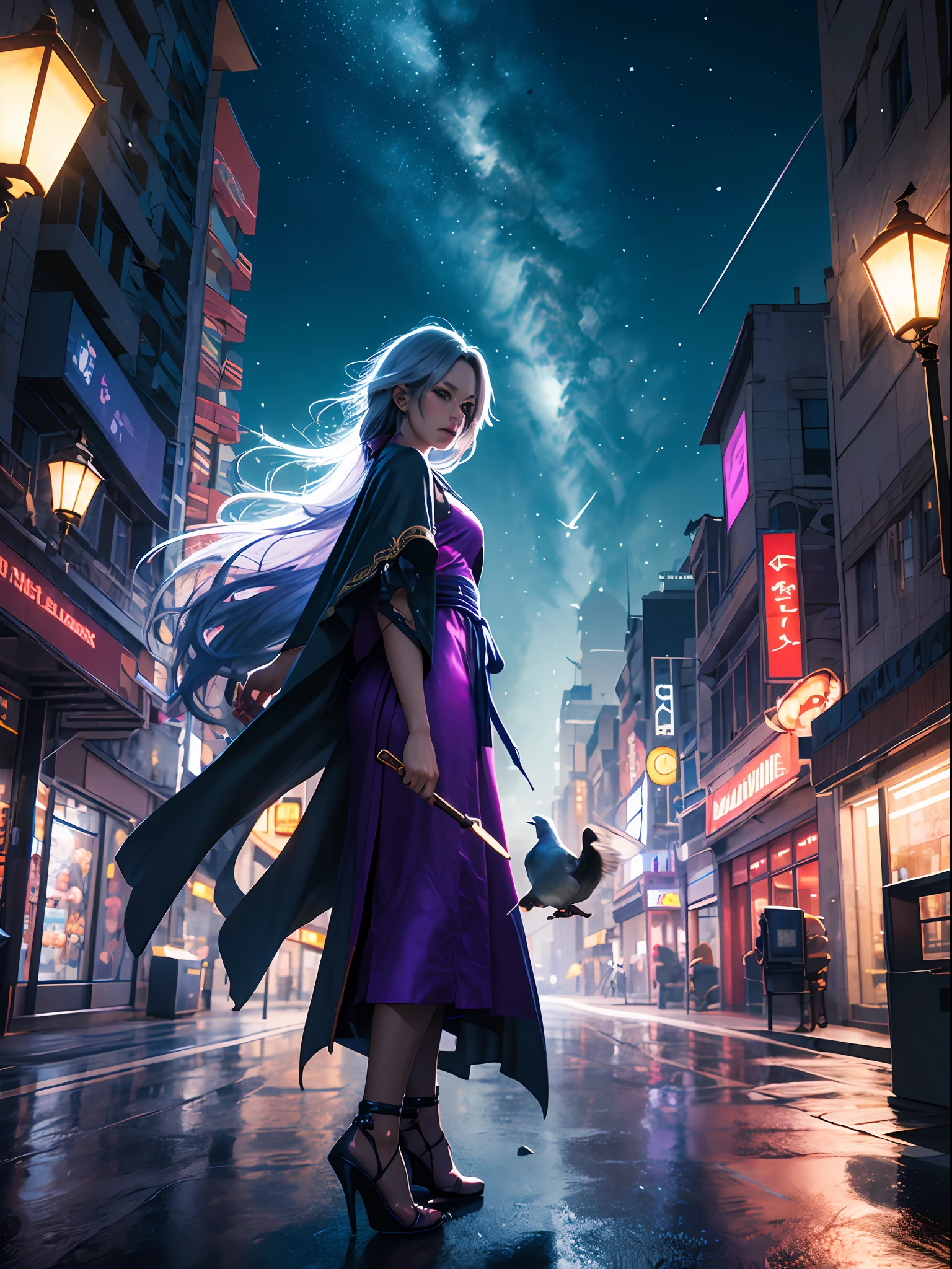 (Modern Fantasy),(Wizard Girl in Robe),(City Center),(Minimalism),(Hiroyuki Asada),(Digital 3D Art),(Soft Lighting),(Blue and Purple Palette),(Silk),(Flash Effects),(3D),(Pigeons),(One-Point Perspective),(Circular Shapes),(Flowing Robe like Wind),(Evening),(Clear Weather),(Mystical)
