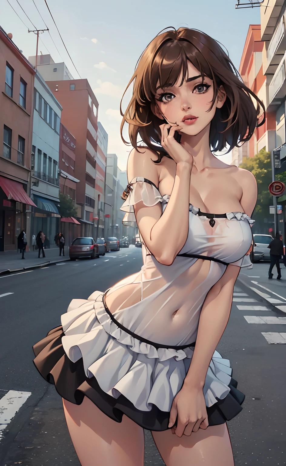 ((Best Quality, 8k, Masterpiece:1.3)), Focus:1.2, Perfect Body Beauty:1.4, Buttocks:1.2, ((Layered Haircut, Breasts:1.2)), (Wet Clothes:1.1) , (Sunny, Street:1.3), Bandeau Dress: 1.1, Highly Detailed Face and Skin Texture, Fine Eyes, Double Eyelids, Whitened Skin, Long Hair, (Shut Up: 1.3),brown hair,slutty pose, infront of a restaurant, prostitute(transparent top) (bra)(nsfw),miniskirt and top(transparent dress)(classy)(party dress)