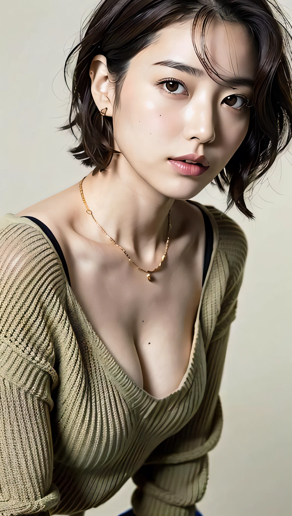 (Best quality, 8k, 32k, Masterpiece, UHD:1.2),Photo of Pretty Japanese woman, large breasts, very short bob hair,upper body,face focus,oversized_sweater, necklace, simple background, from above, looking at viewer,