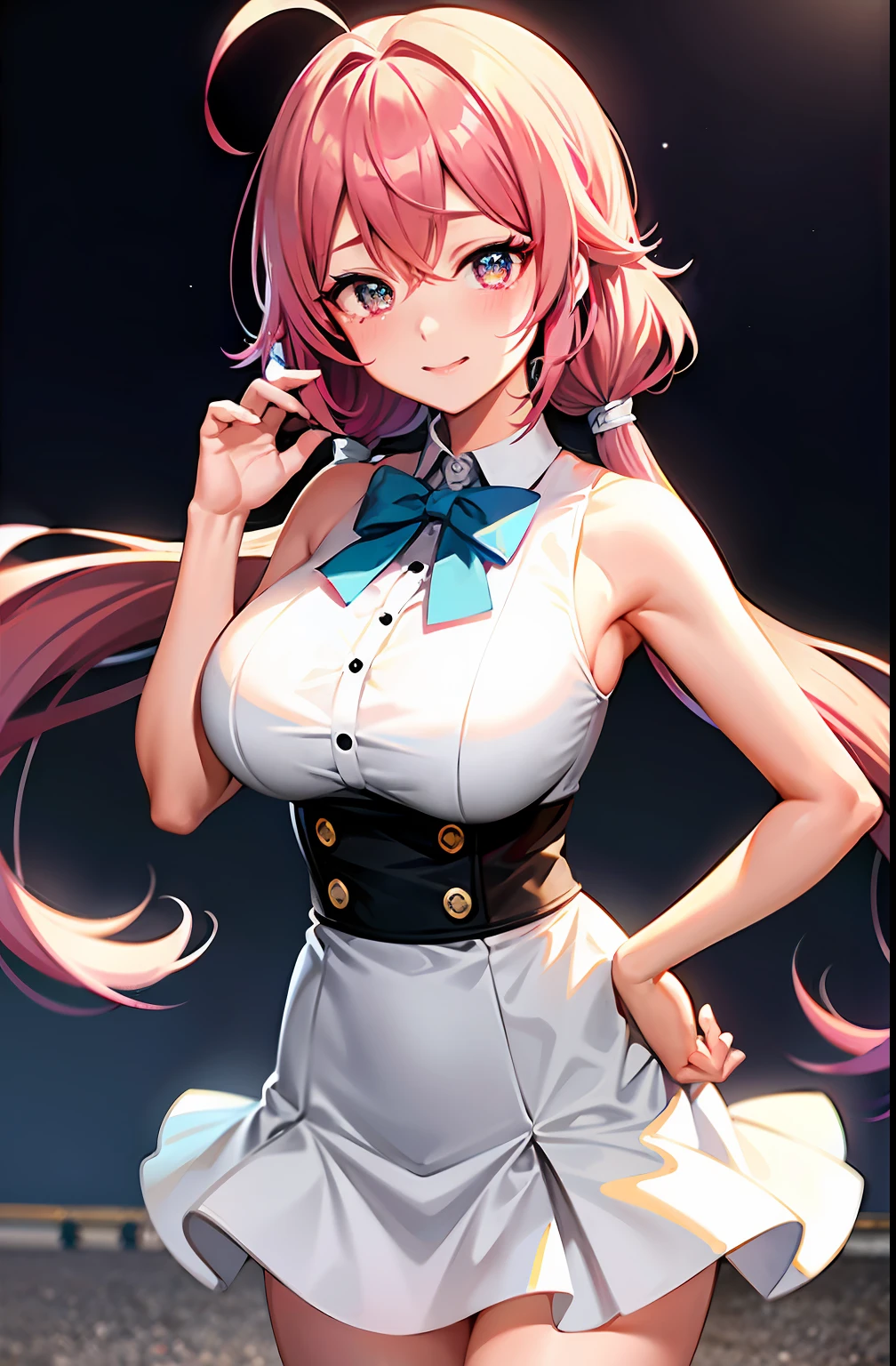 Blue hair, Gradient hair, Pink hair, Long hair, hair over shoulders, ahoge, ribbon, rimless eyewears, White eyes, Sparkling eyes, aqua eyes, Yellow eyes, Gradient eyes, Blush, Light smile, Shy, Bright pupils, full face blush, kanon, f/1.8, Bokeh, Lens flare, anime big breast, Anime style, hyper HD, 8K, High details, Textured skin, A high resolution，sleeveless white shirt，On the street，full bodyesbian，the night，streaming tears，rained