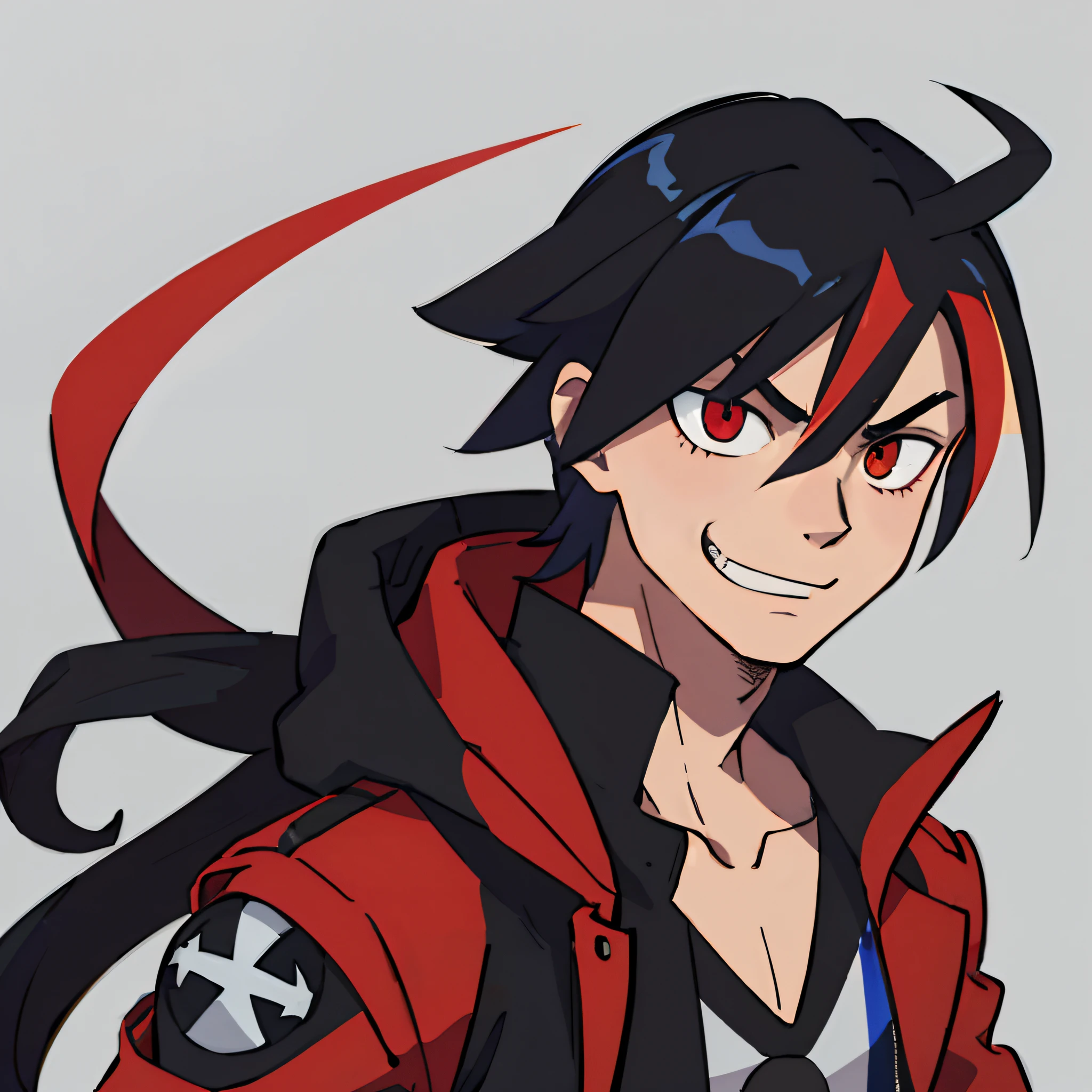A boy with, Striped hair, Black hair, mullet, Heterochromia, Red eyes, Evil smile, kamina shades, Snake pupils, hyper HD, Masterpiece, ccurate, Anatomically correct, High quality, Award-Awarded, High details, Super detail, Textured skin, Best quality, A high resolution, 8K