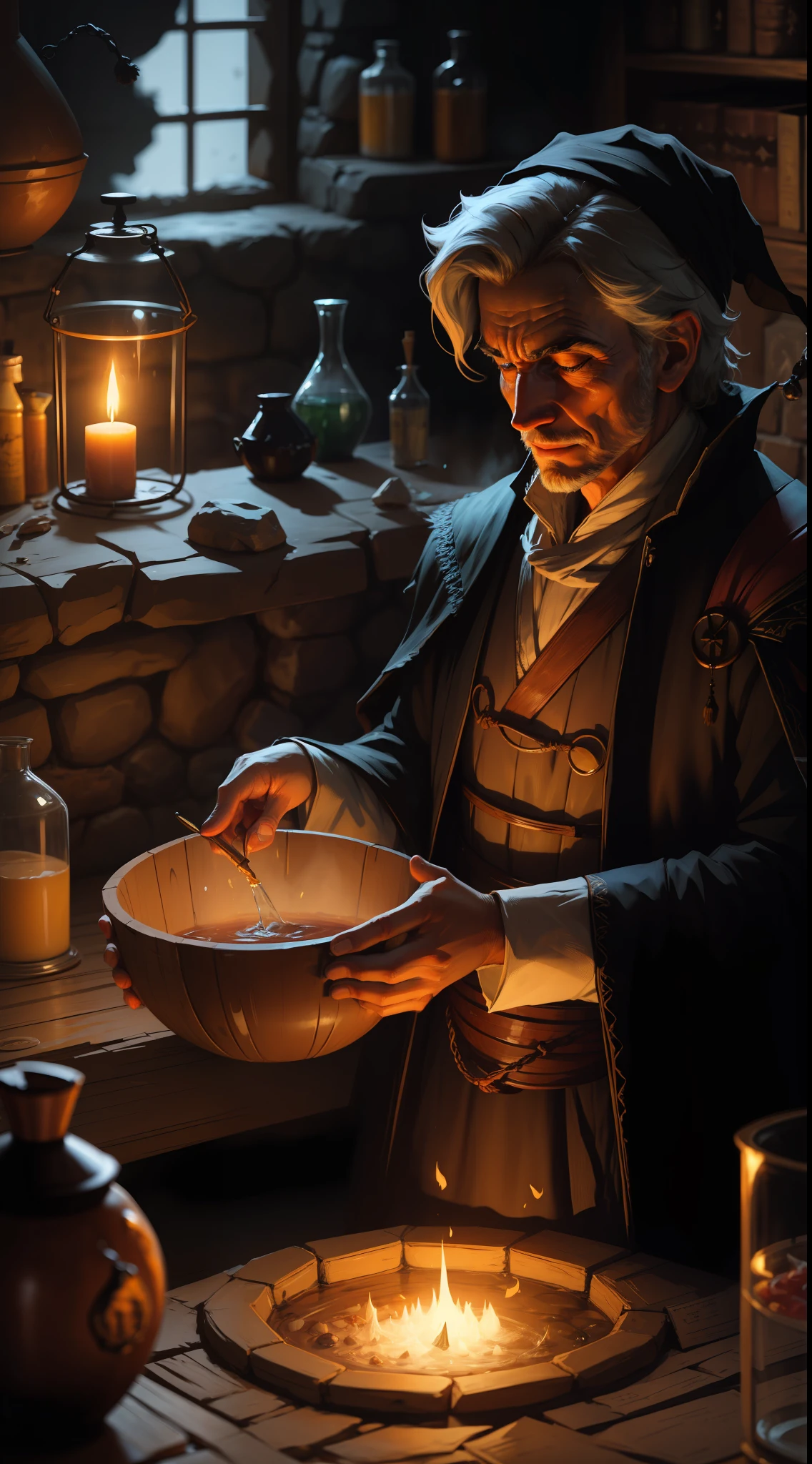 A Sorcerer Man Making Potions in an RPG Cauldron,