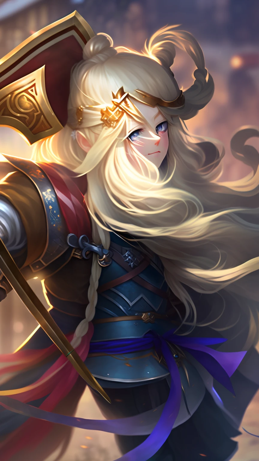 Close-up of a delicate beautiful girl with long blonde hair and a sword，The girl smiled wickedly，style of anime，hyper HD，high high quality。
