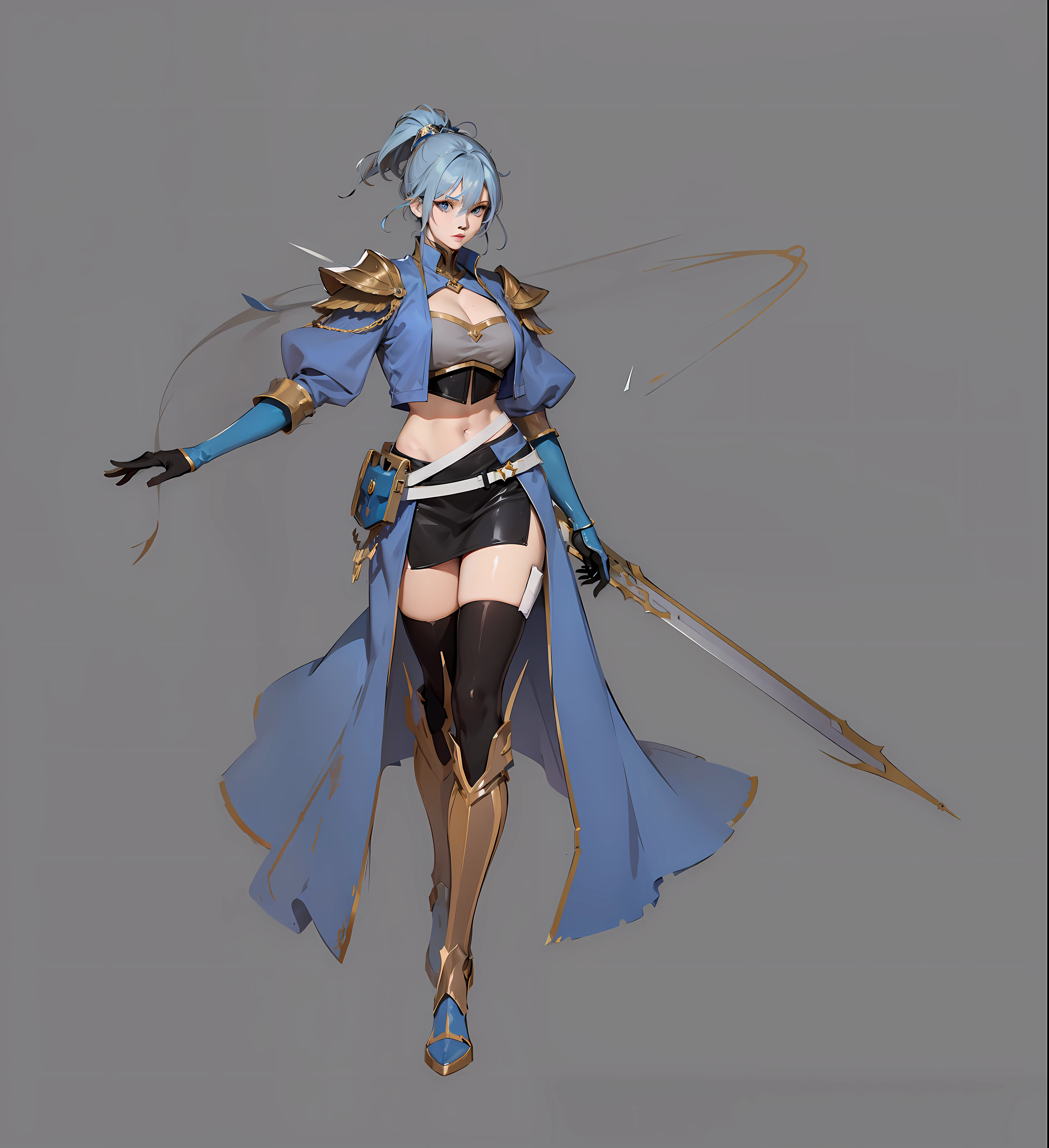 Anime characters in blue coats, full body concept, detailed full-body concept, concept character, full body concept art, full body character concept, detailed full body concept art, concept art character, concept art style, character concept, 2D concept art, new costume concept design, character design concept, full body action concept art, valkyrie style character