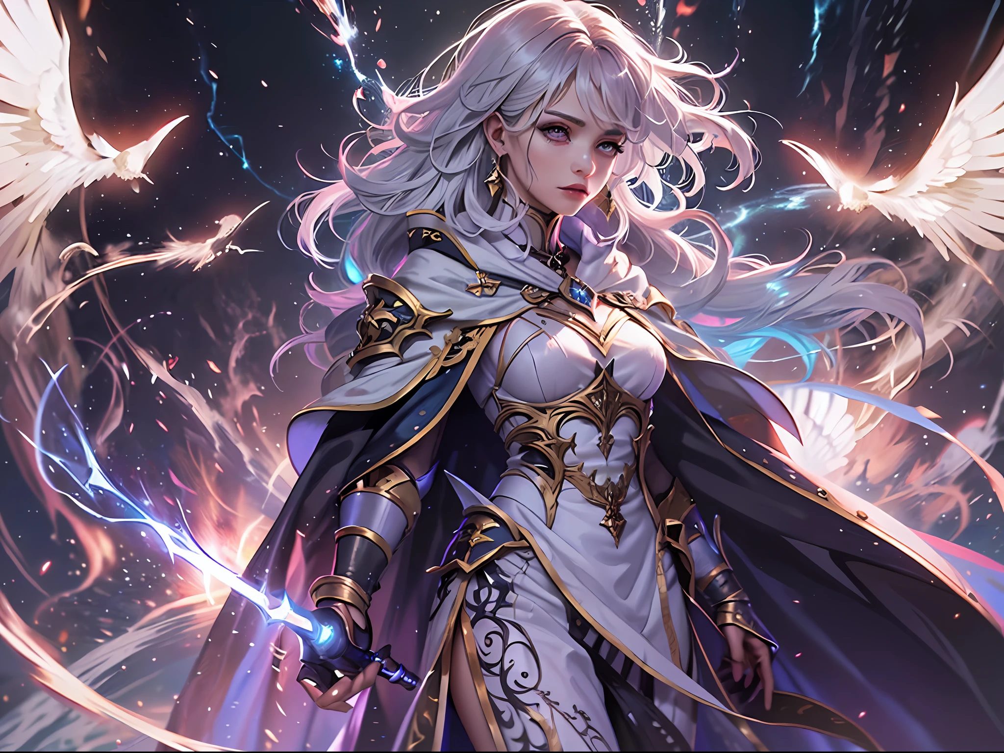 arafed high details, best quality, 8k, [ultra detailed], masterpiece, best quality, (extremely detailed), dynamic angle, ultra wide shot, photorealistim, RAW, fantasy art, dnd art, fantasy art, realistic art, a wide angle picture of a female aasimar sorceress casting a lightning spell, full body  (intense details, Masterpiece, best quality), D&D aasimar, exremley beautiful female aasimar, silver hair, long hair, wavy hair, dynamic eyes color, angelic eyes, radiant magical eyes, ultra detailed face (intense details, Masterpiece, best quality), spread angelic wings, white angelic wings (intense details, Masterpiece, best quality),  wearing [black] robe, wearing blue cloak, long cloak, flowing cloak with lightning motifs (intense details, Masterpiece, best quality), armed with magical staff (intense details, Masterpiece, best quality), manipulating lightning magical energy (intense details, Masterpiece, best quality), controlling lightning, dark fantasy magical tower background, evil temple background (intense details, Masterpiece, best quality), ready for action