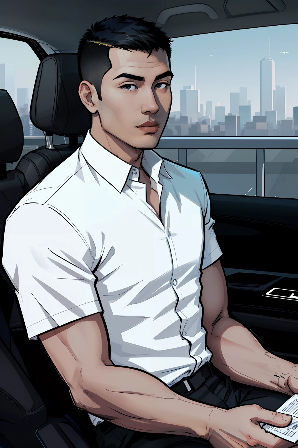 closup face of an asian man, sitting inside in front seat of a rolls-royece car, diving, daytime, city on background, buzz cut hair, black pants, shirt, white shirt, comic book style, flat shaded, prominent comic book outline linework