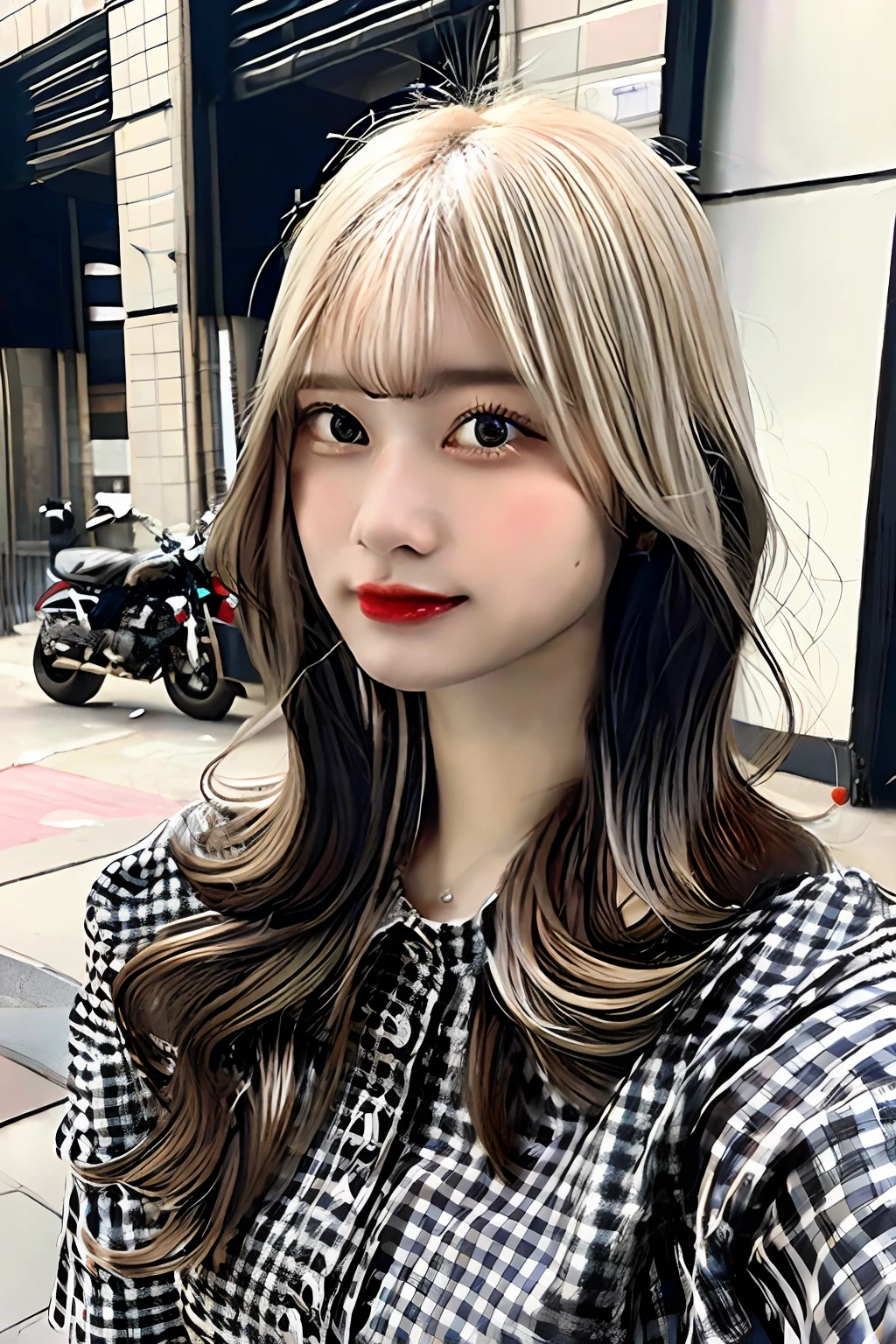 Old American style、blondehair、Wolfcut、JINS、Checked shirt、cigarette、American Motorcycles、light skinned、half
