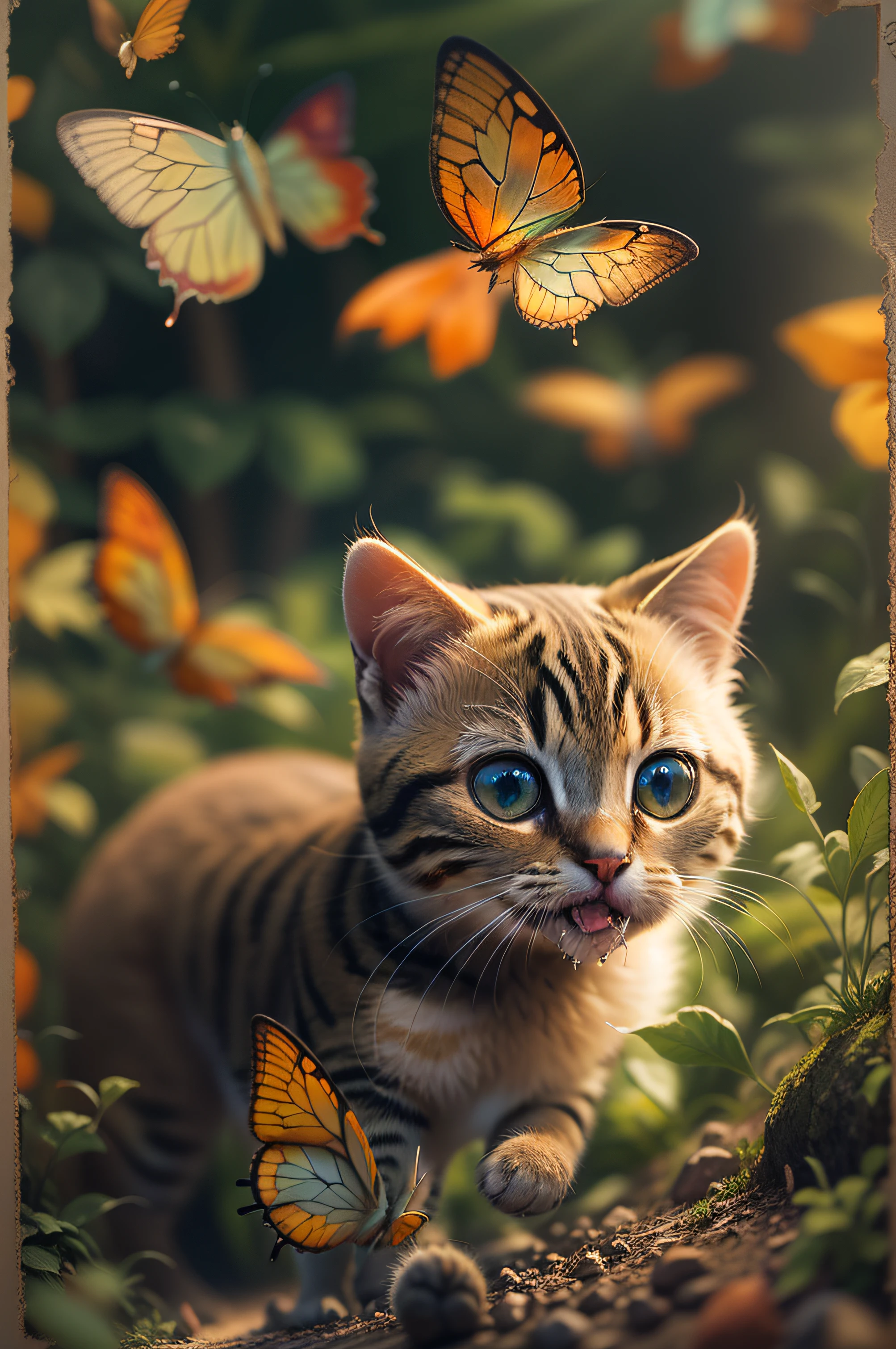 a cute little cat, Garden chasing butterflies, Blonde hair, Halo, Heart-shaped pupils, Cat ears, Drooling, Naughty face, Naughty, brutalist, cubismo, stereograms, angle of view, hyper HD, A high resolution, surrealism, OP Art, Chiaroscuro, Depth of field, Cinematic lighting, chiaroscuro, cinematic lighting, American propaganda poster, High details, Textured skin, High quality, Super detail, Best quality, 16k